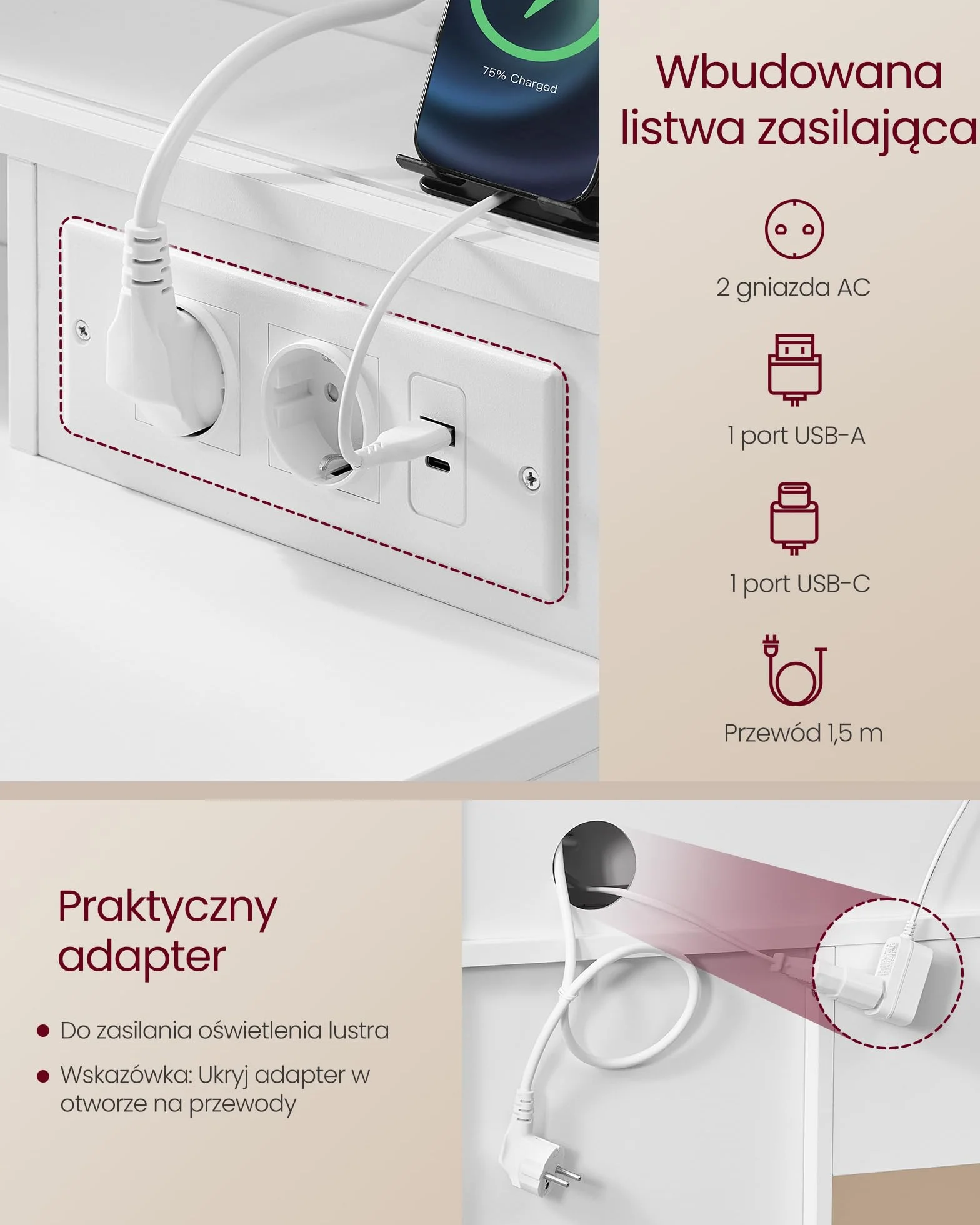 VASAGLE Kailyn Collection toaletka z lustrem LED, listwa zasilająca, 9 szuflad, lupa 10x, 3-kolorowe oświetlenie, montaż bez narzędzi, biała chmura RDT137W01