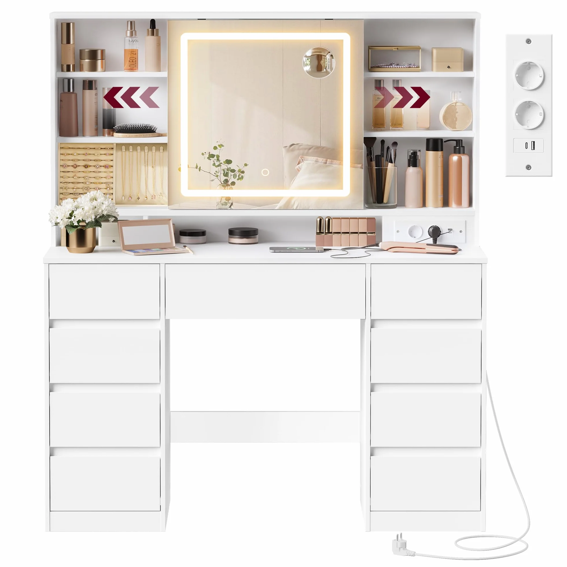 VASAGLE Kailyn Collection toaletka z lustrem LED, listwa zasilająca, 9 szuflad, lupa 10x, 3-kolorowe oświetlenie, montaż bez narzędzi, biała chmura RDT137W01