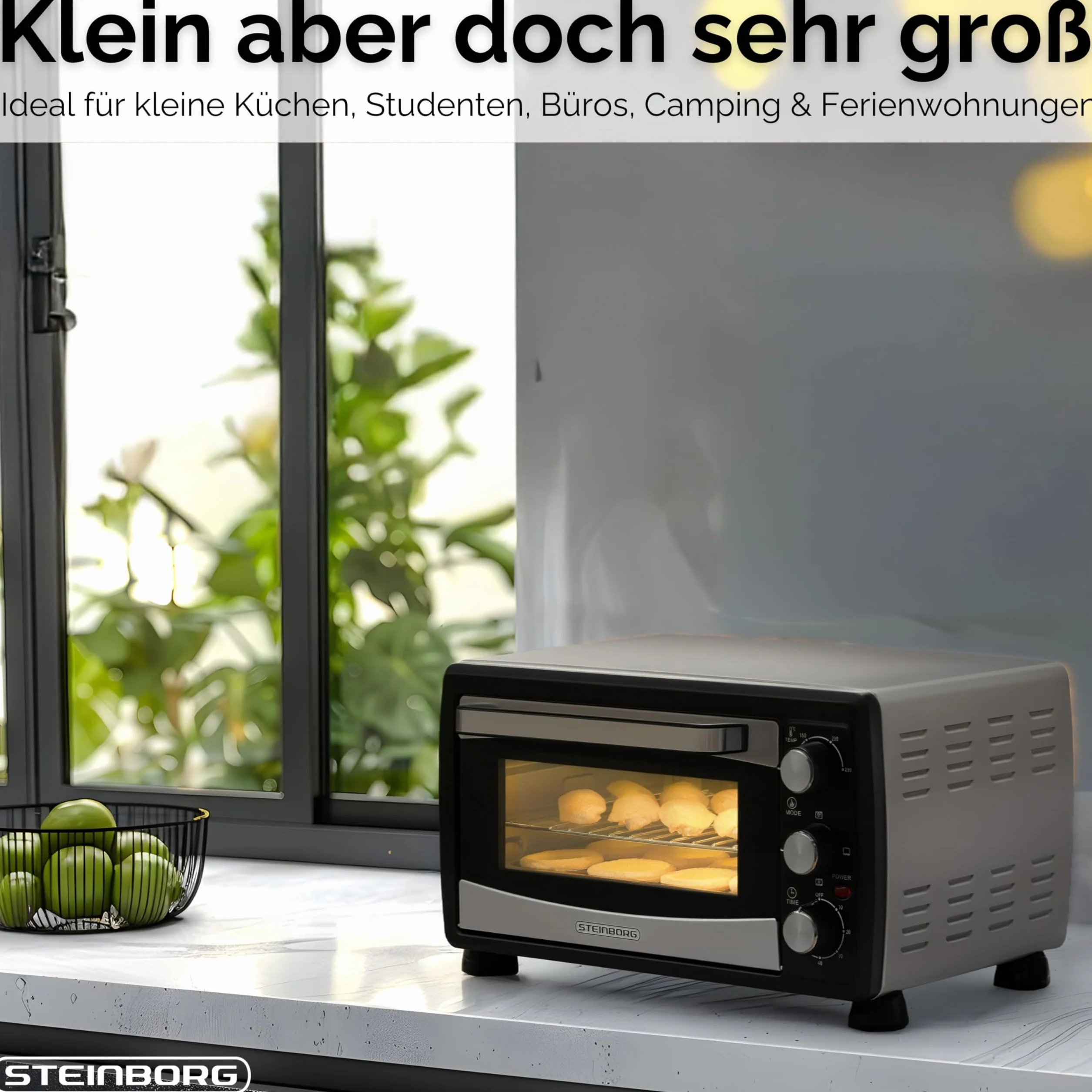 Steinborg Mini piekarnik konwekcyjny, 20 l, piec do pizzy, konwekcja, grzanie górne i dolne, 1400 W, mini piekarnik z timerem, mały piec kempingowy lub