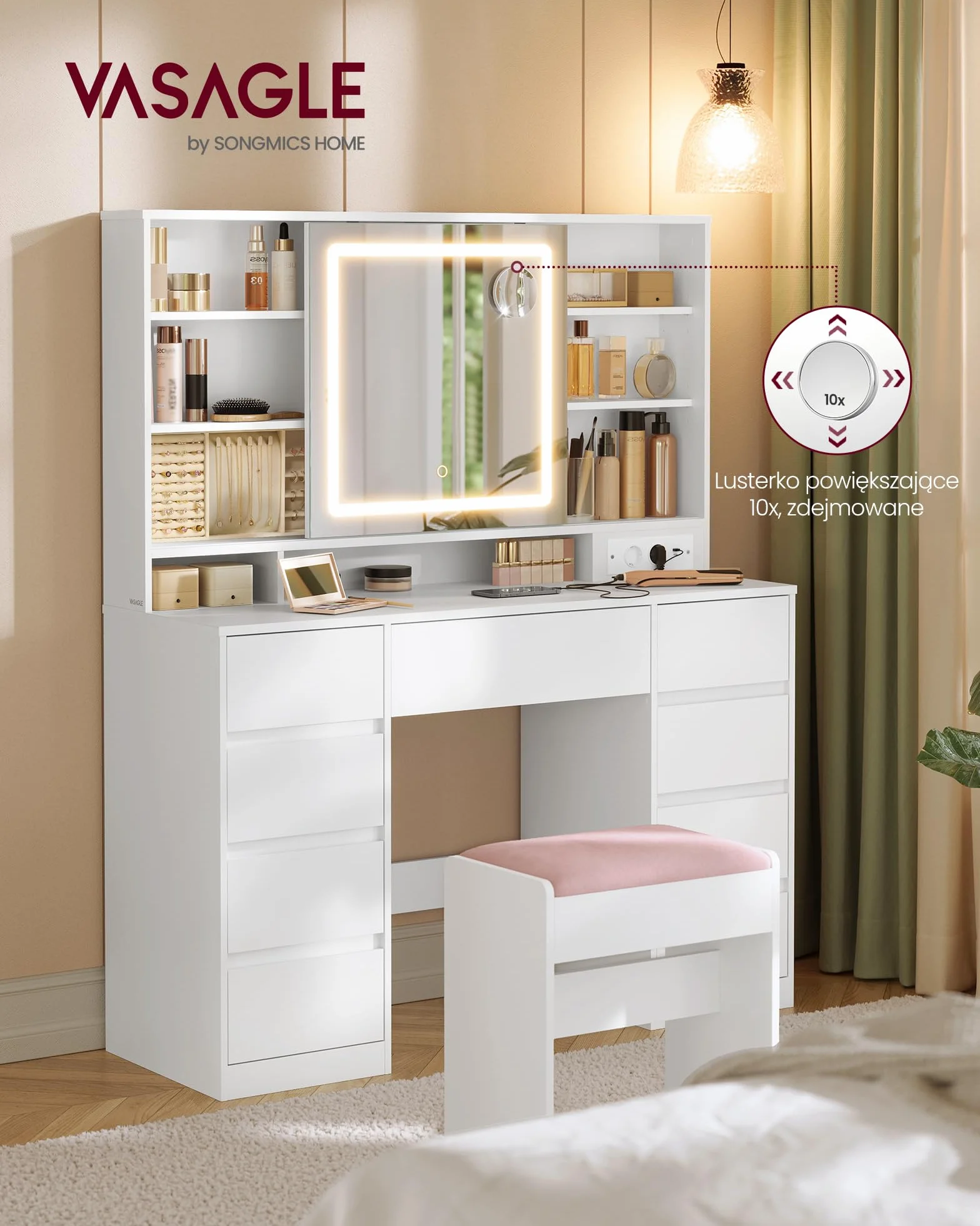 VASAGLE Kailyn Collection toaletka z lustrem LED, listwa zasilająca, 9 szuflad, lupa 10x, 3-kolorowe oświetlenie, montaż bez narzędzi, biała chmura RDT137W01