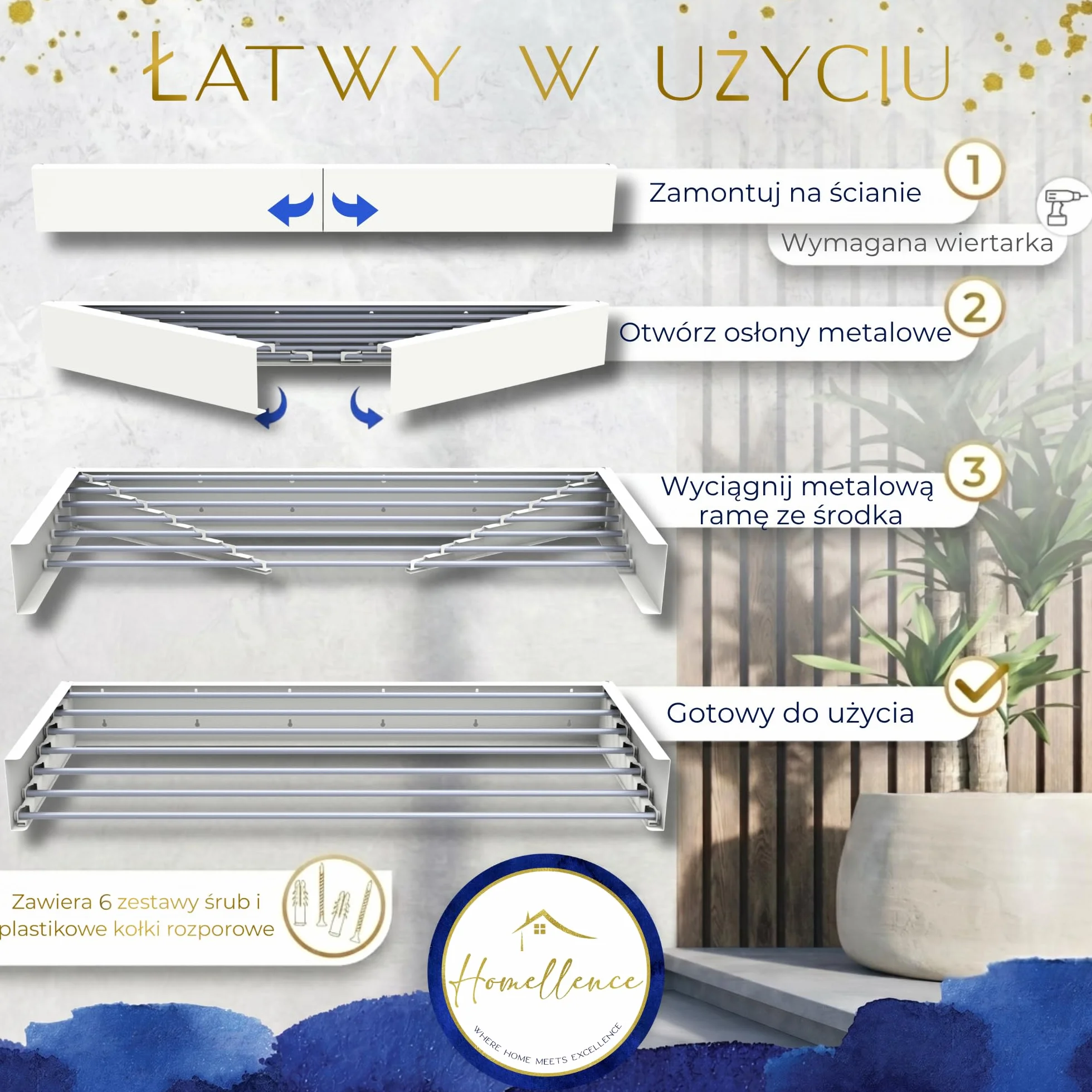 Homellence – Suszarka ścienna składana na pranie – Elegancka suszarka do prania montowana na ścianie – Składany ścienny stojak do suszenia prania (Biały, 120 cm)