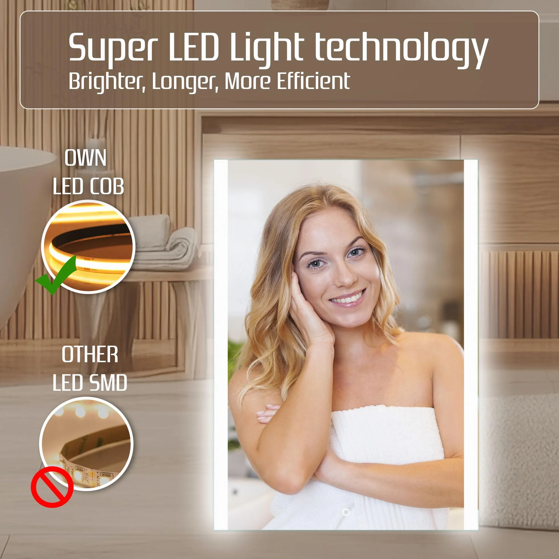 Venti Prostokątne Lustro Łazienkowe LED 50x70cm, Lustro ścienne z oświetleniem LED, Naturalne Białe Światło, Podświetlane Krawędzie Boczne