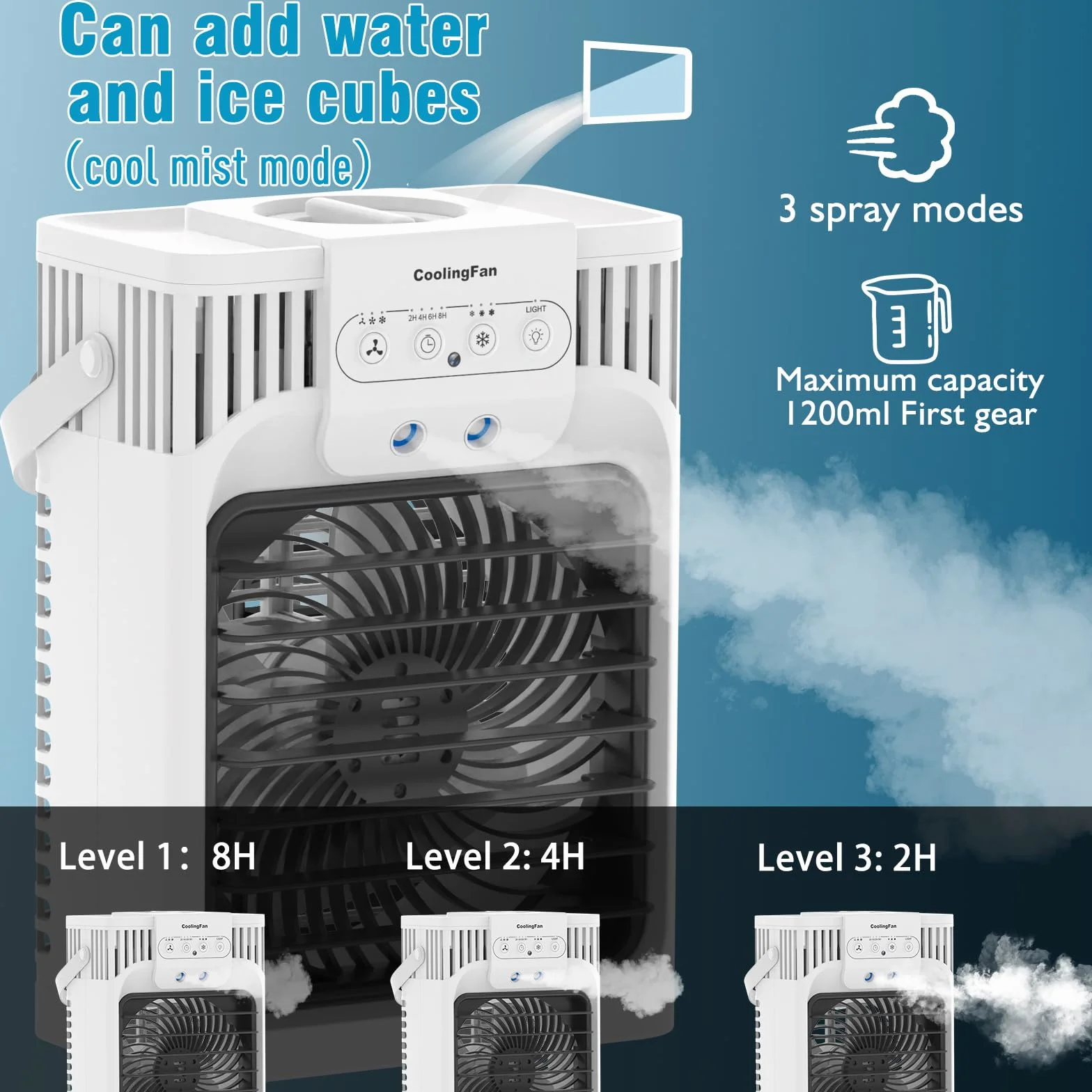 Przenośny klimatyzer 4 w 1, mini klimator, osobisty, mobilny, kompaktowy, ewaporacyjny, nawilżacz powietrza, 3 prędkości nawiewu, wentylator biurkowy, do akademika, biura, na zewnątrz