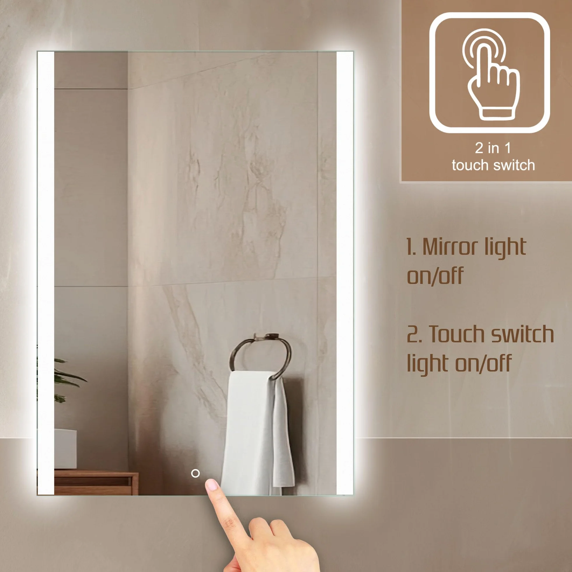 Venti Prostokątne Lustro Łazienkowe LED 50x70cm, Lustro ścienne z oświetleniem LED, Naturalne Białe Światło, Podświetlane Krawędzie Boczne