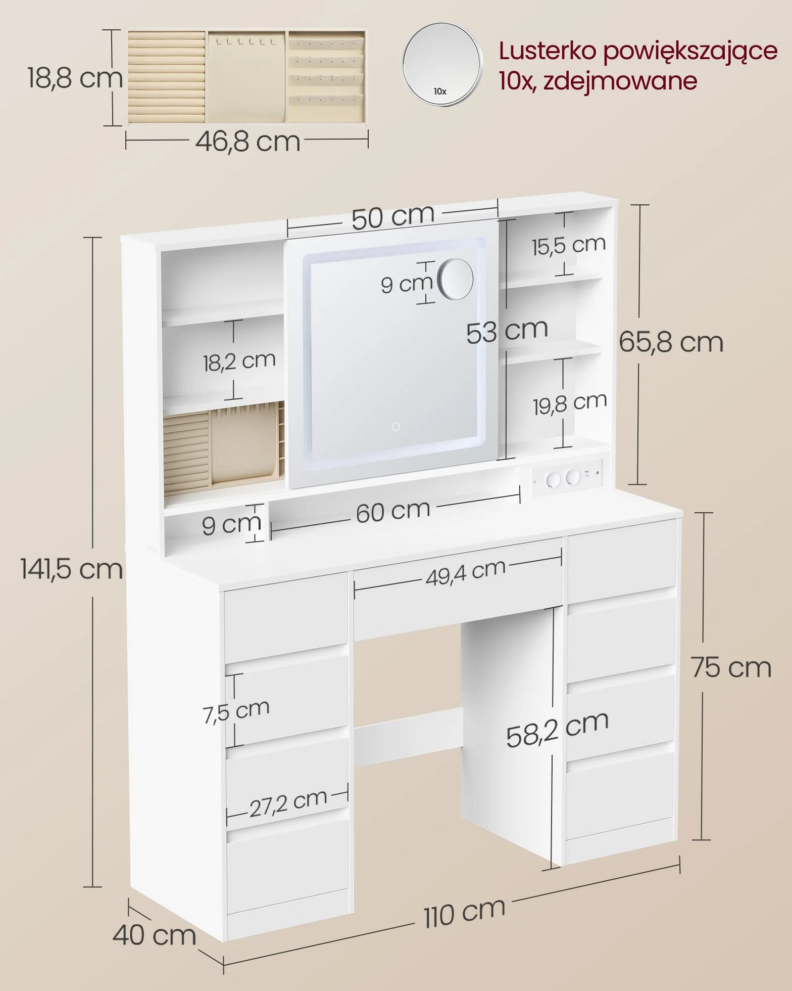 VASAGLE Kailyn Collection toaletka z lustrem LED, listwa zasilająca, 9 szuflad, lupa 10x, 3-kolorowe oświetlenie, montaż bez narzędzi, biała chmura RDT137W01