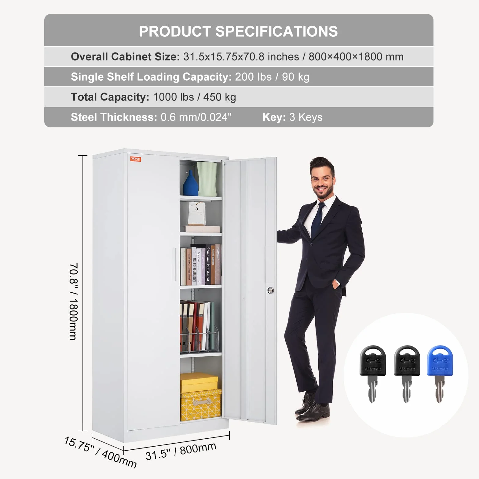 VEVOR Metalowa Szafka Do Przechowywania 180 cm, Stalowa z 2 Magnetycznymi Drzwiami i 4 Regulowanymi Półkami, Pojemność 90 kg na Półkę, 3 Klucze, Do Biura