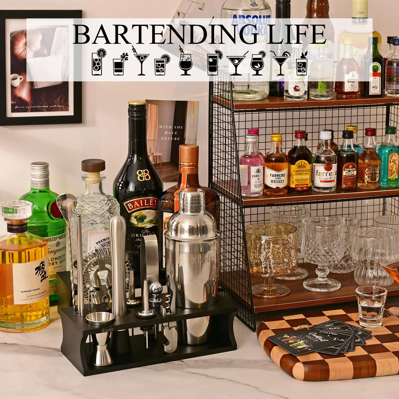 Zestaw shakerów koktajlowych zestaw barmański ze stojakiem zestaw narzędzi do mieszania napojów domowy zestaw barmański akcesoria do wózka barmańskiego: Martini Shaker Mixer Łyżka Jigger Muddler Sitko
