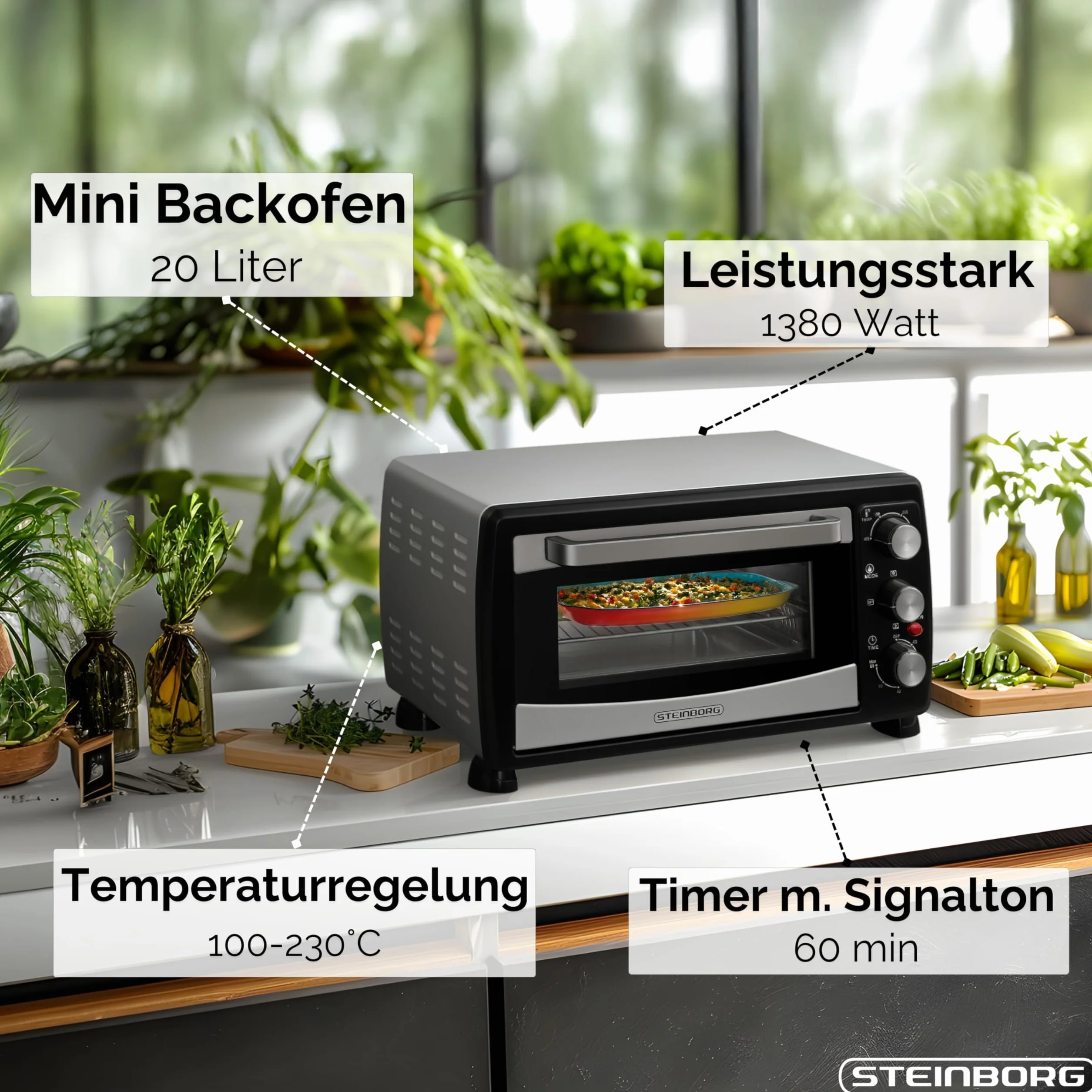 Steinborg Mini piekarnik konwekcyjny, 20 l, piec do pizzy, konwekcja, grzanie górne i dolne, 1400 W, mini piekarnik z timerem, mały piec kempingowy lub