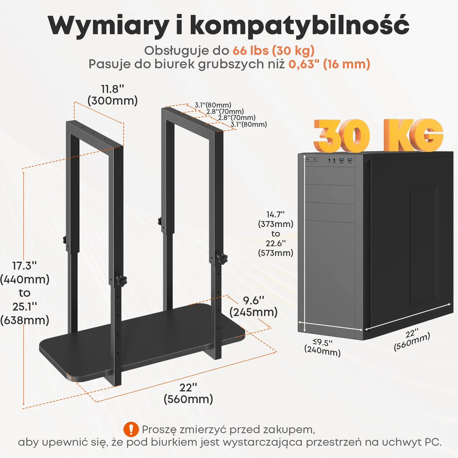 Solidny uchwyt PC pod biurko, regulowana wysokość – Uchwyt na obudowę PC, oszczędność miejsca, maksymalna waga 30 kg, Czarny