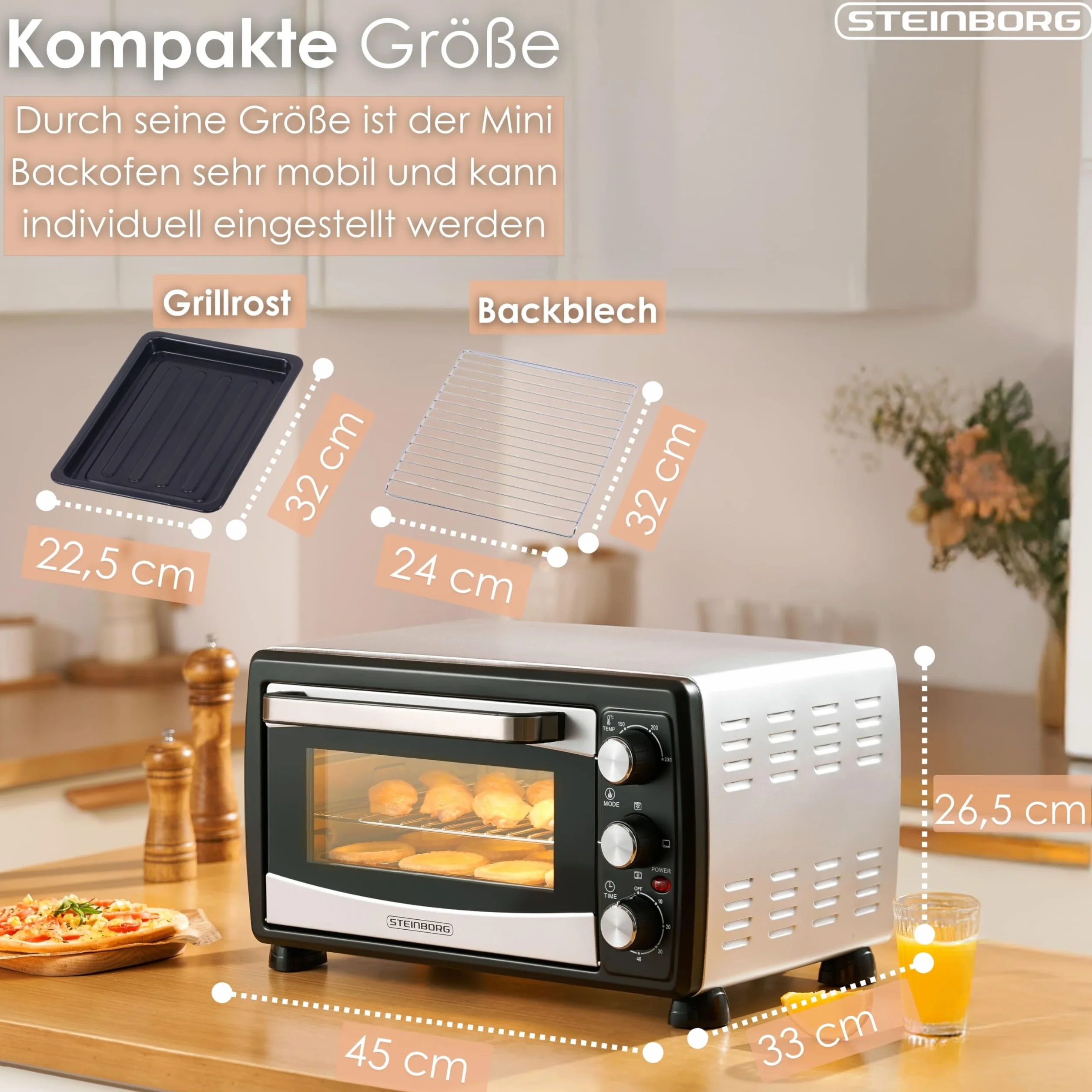 Steinborg Mini piekarnik konwekcyjny, 20 l, piec do pizzy, konwekcja, grzanie górne i dolne, 1400 W, mini piekarnik z timerem, mały piec kempingowy lub