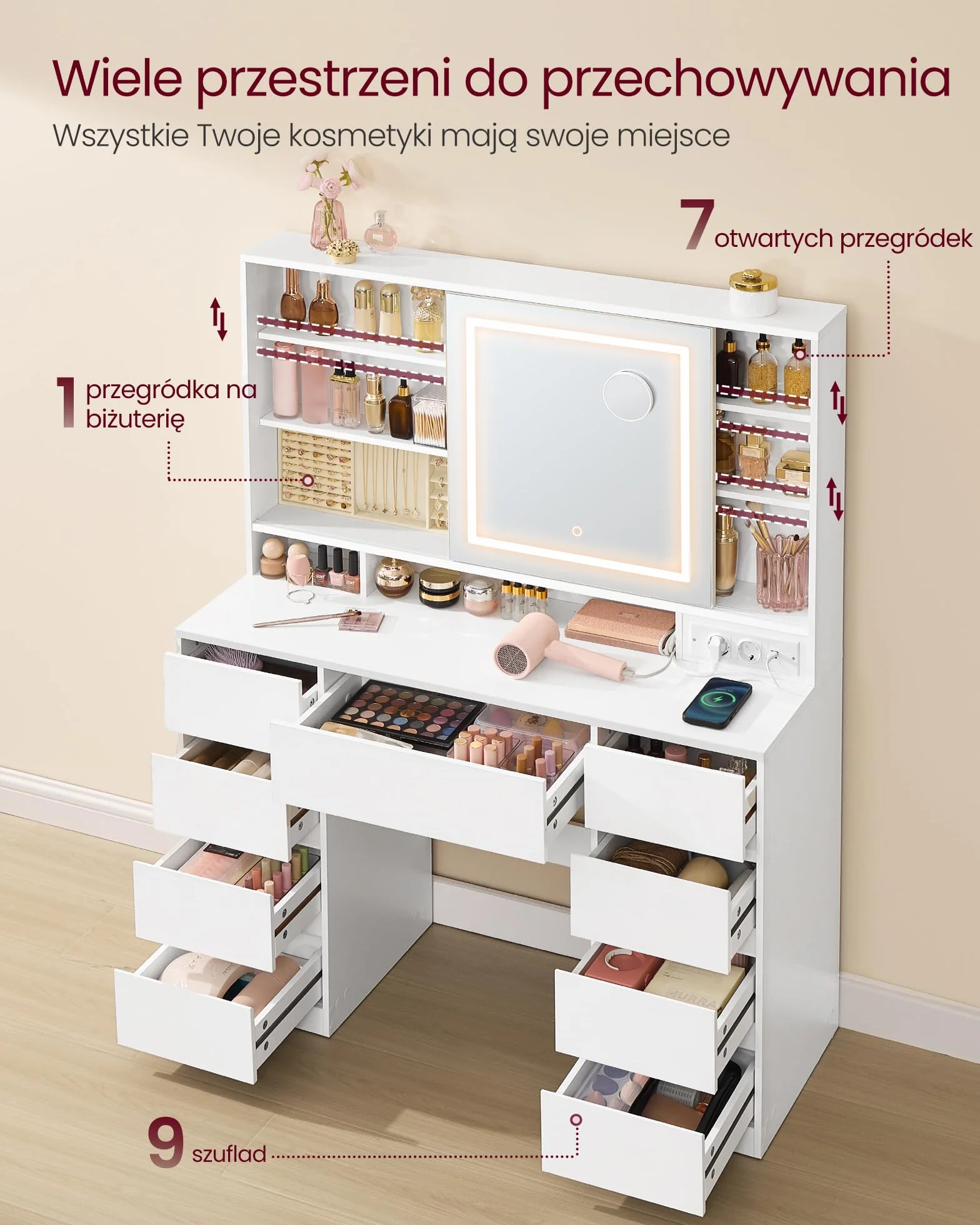 VASAGLE Kailyn Collection toaletka z lustrem LED, listwa zasilająca, 9 szuflad, lupa 10x, 3-kolorowe oświetlenie, montaż bez narzędzi, biała chmura RDT137W01