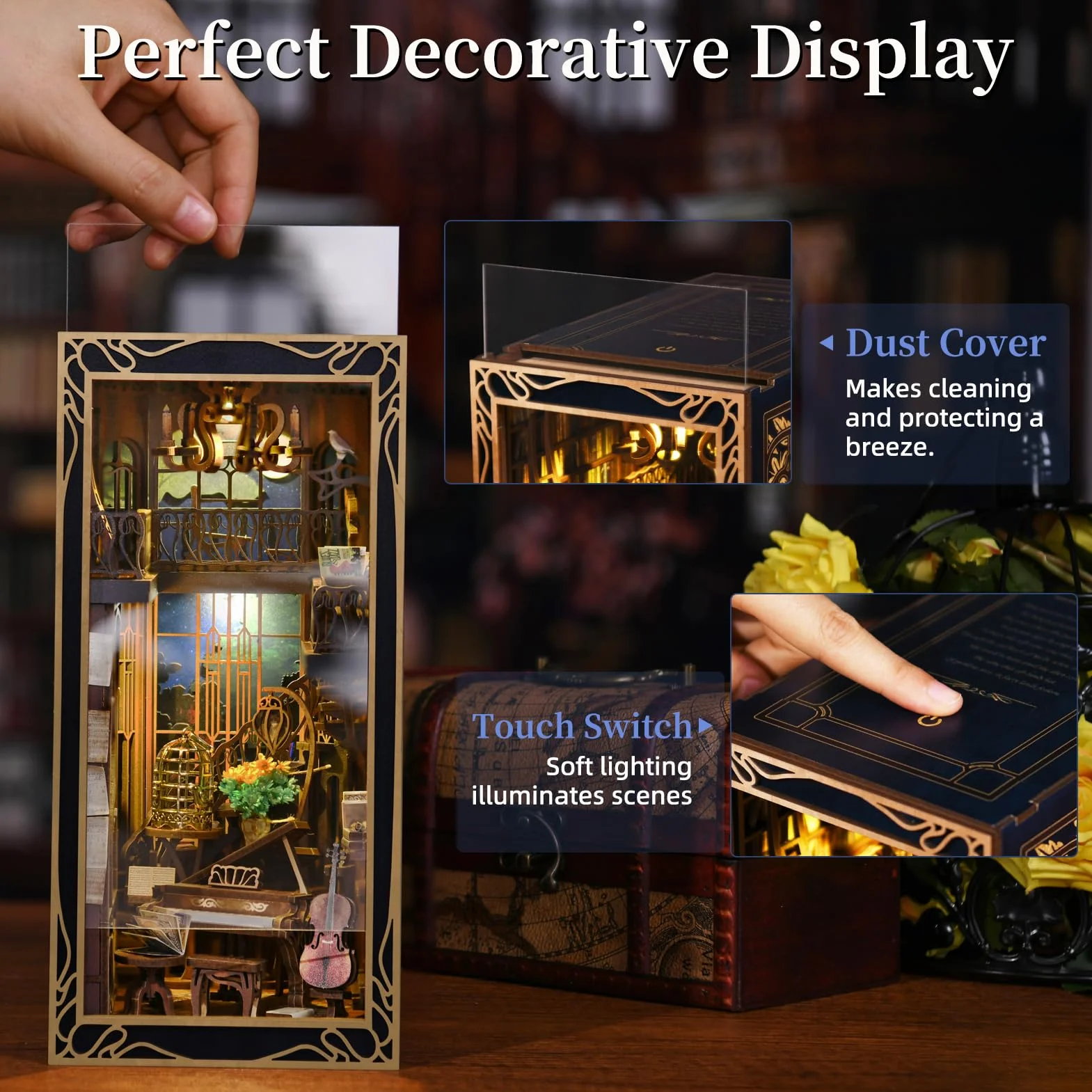 MiniCity DIY Book Nook Kit, Miniaturowy Domek dla Lalek Booknook Kit, Drewniane Puzzle 3D Podpórka do Książek Wkładka do Regału Dekoracja dla Młodzieży i Dorosłych (Pianista z Nightingale)