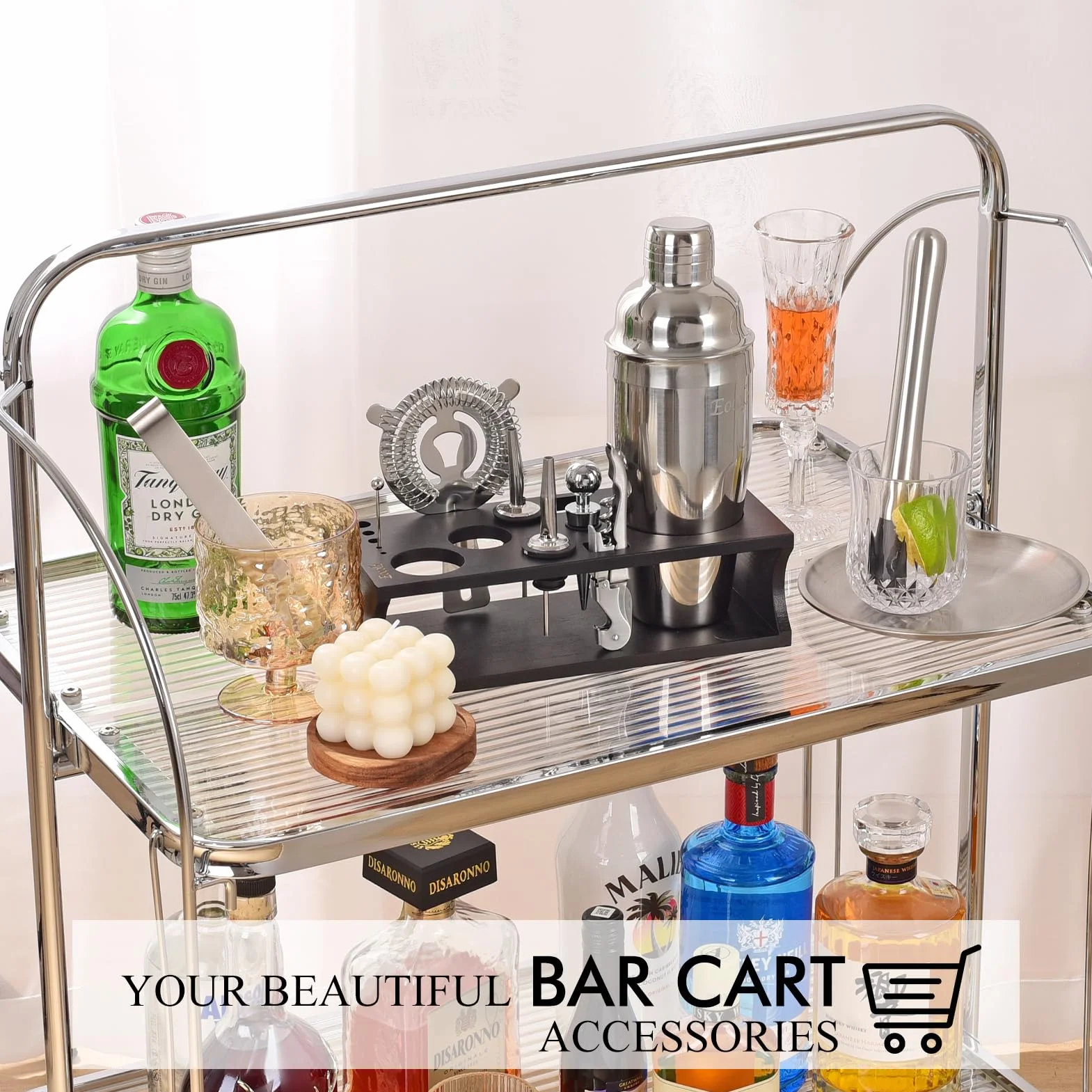 Zestaw shakerów koktajlowych zestaw barmański ze stojakiem zestaw narzędzi do mieszania napojów domowy zestaw barmański akcesoria do wózka barmańskiego: Martini Shaker Mixer Łyżka Jigger Muddler Sitko