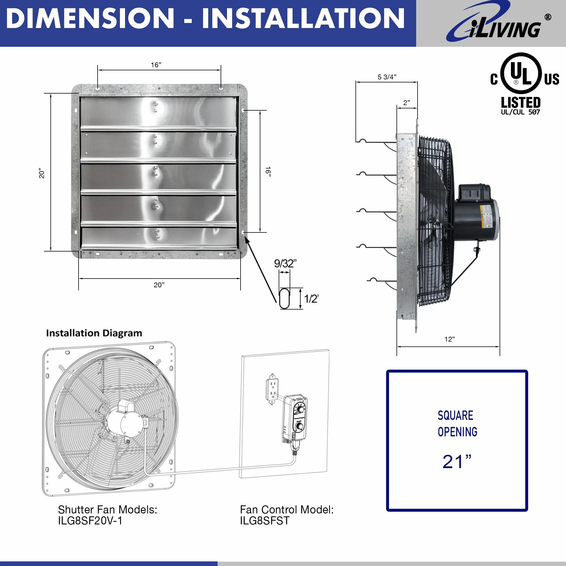 Letcmoi iLIVING - Wentylator ewakuacyjny 20 pulgadas montado en la pared, automatyczna obturador, con termostato y driver de velocidad variable, 2,2 A, 3368 CFM, obszar cobertura 5000 m², plata