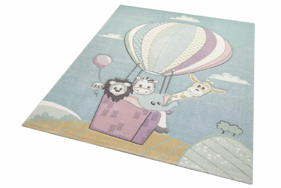 CARPETIA Dywan dziecięcy, dywan do zabawy, dywan dla niemowląt, chłopcy, balon na gorące powietrze, zwierzęta, niebieski, rozmiar 120 cm, okrągły