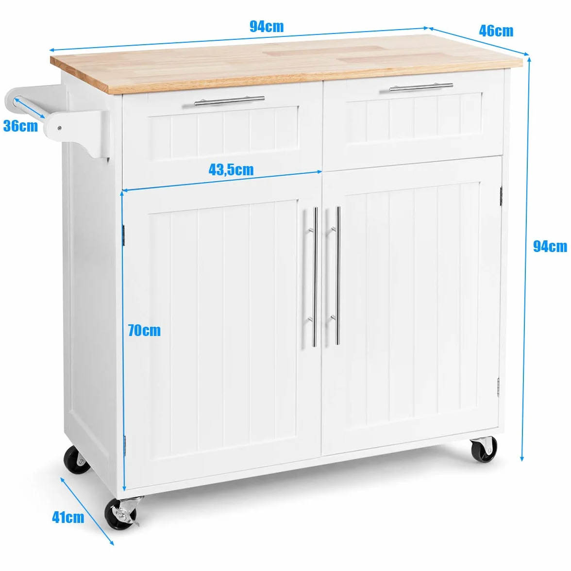 COSTWAY Wyspa kuchenna z blatem roboczym i uchwytem na ręczniki, wózek kuchenny z 2 szufladami i drzwiami, drewniany wózek do serwowania na kółkach, 94 x 45,5 x 94,5 cm, biały