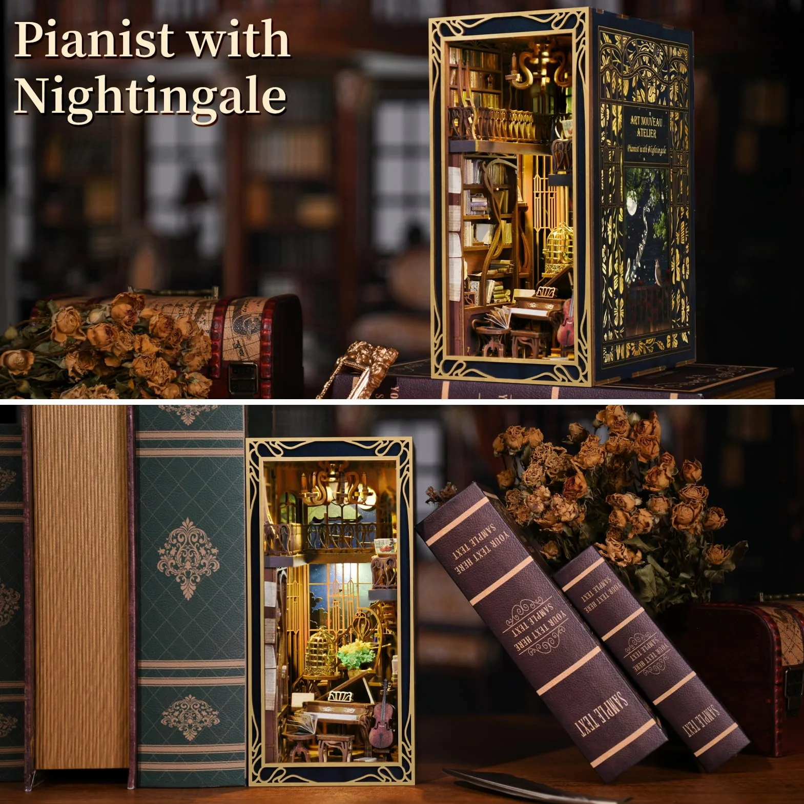 MiniCity DIY Book Nook Kit, Miniaturowy Domek dla Lalek Booknook Kit, Drewniane Puzzle 3D Podpórka do Książek Wkładka do Regału Dekoracja dla Młodzieży i Dorosłych (Pianista z Nightingale)