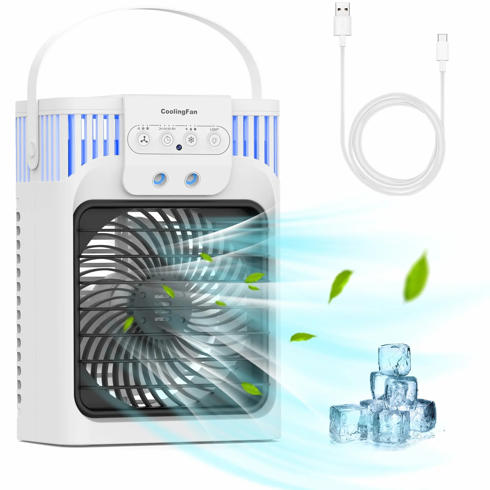 Przenośny klimatyzer 4 w 1, mini klimator, osobisty, mobilny, kompaktowy, ewaporacyjny, nawilżacz powietrza, 3 prędkości nawiewu, wentylator biurkowy, do akademika, biura, na zewnątrz