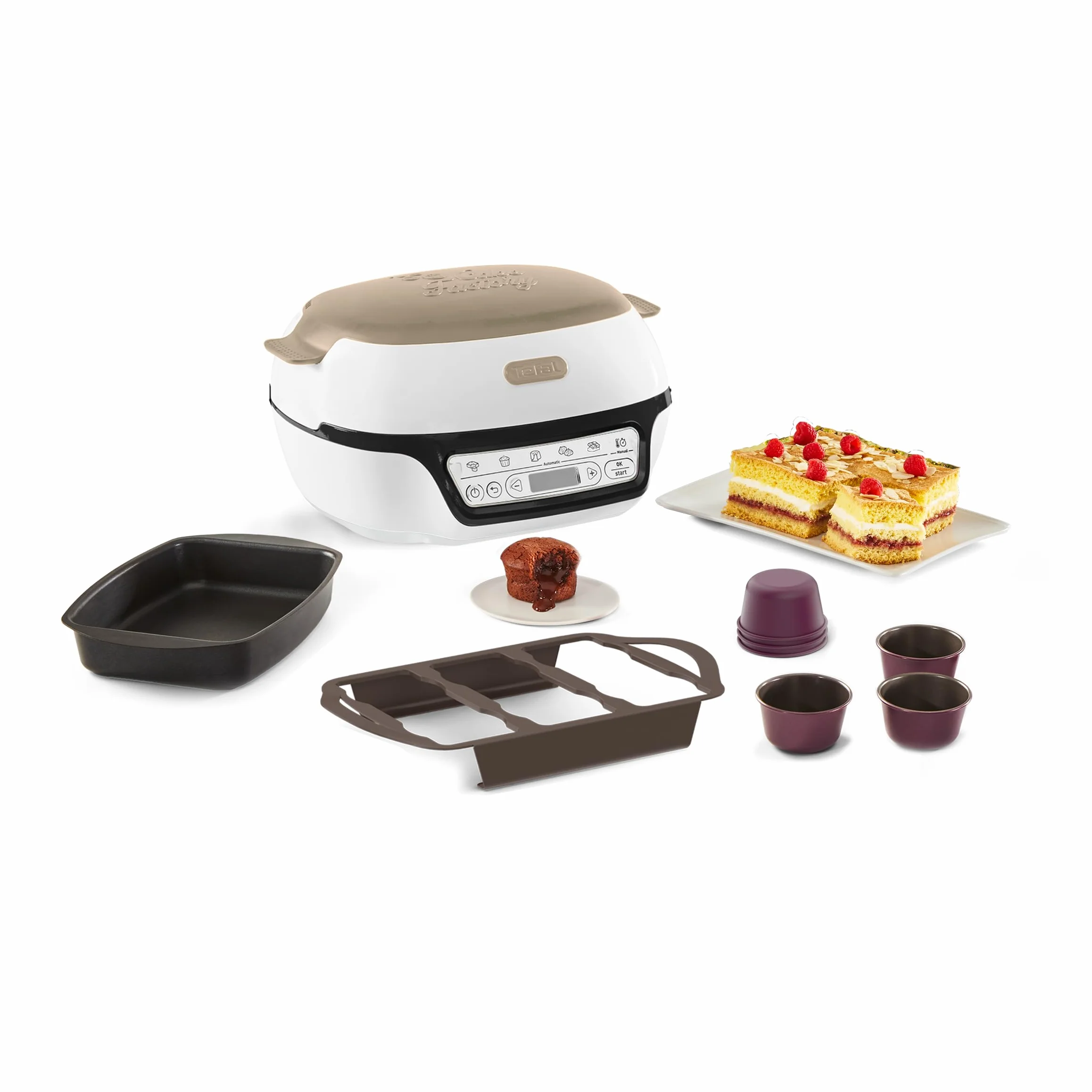 Tefal Inteligentna maszyna do ciasta, 5 automatycznych programów, idealna regulacja temperatury i czasu, nieprzywierająca forma aluminiowa, 6 foremek do muffinek Creabake, Cake Factory KD804910