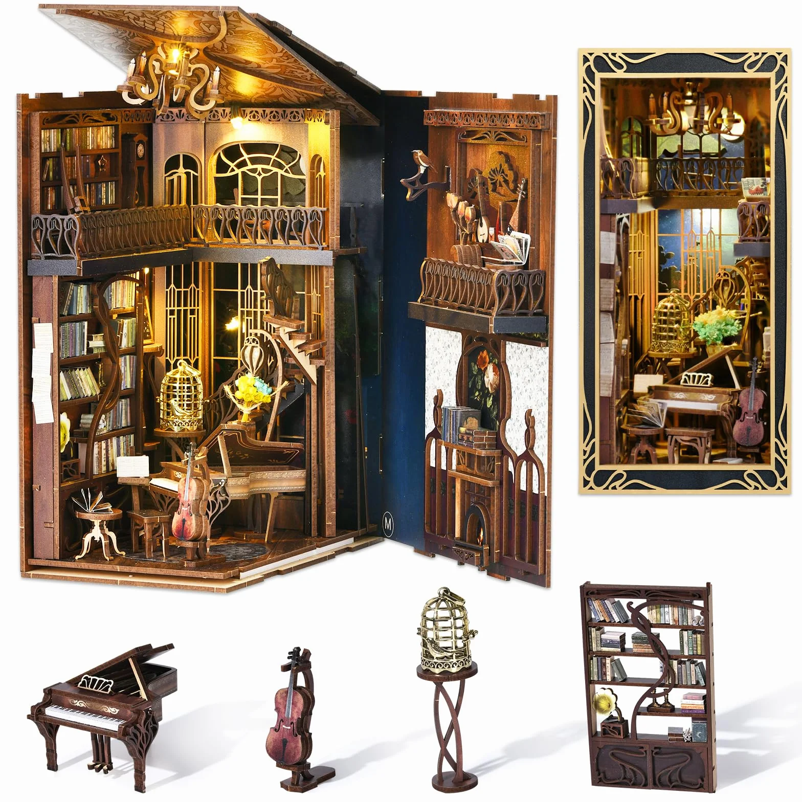 MiniCity DIY Book Nook Kit, Miniaturowy Domek dla Lalek Booknook Kit, Drewniane Puzzle 3D Podpórka do Książek Wkładka do Regału Dekoracja dla Młodzieży i Dorosłych (Pianista z Nightingale)