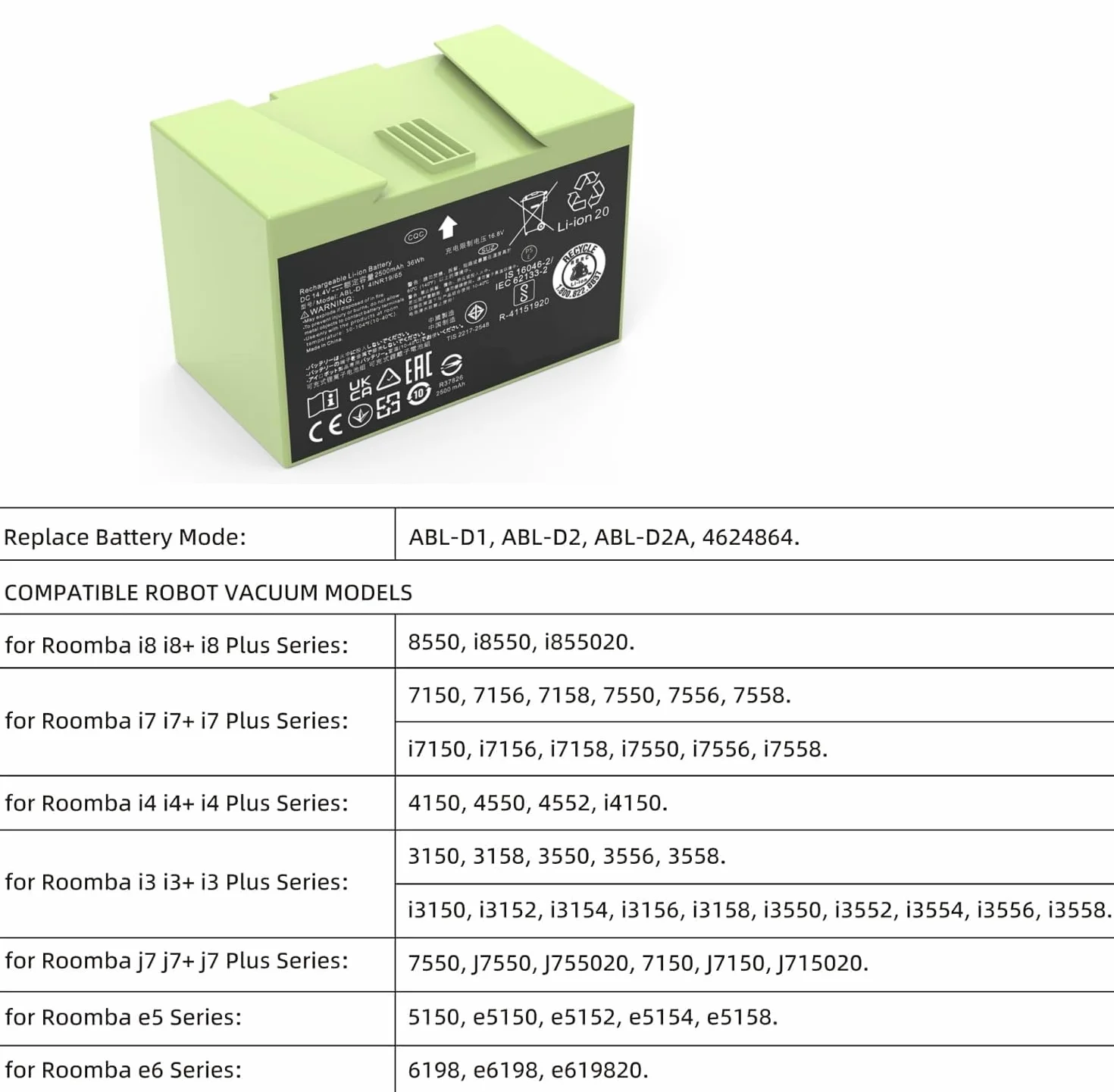 ABL-D1 4INR19/65 akumulator zamienny do iRobot Roomba e and i serii i8 i8+ i7 i7+ i4 i4+ i3 i3+ E5 5150 E5150 E5152 E5154 E5158 E6 6198 E6198 E6J7 J7+ 14.4V 36Wh 2500mAh
