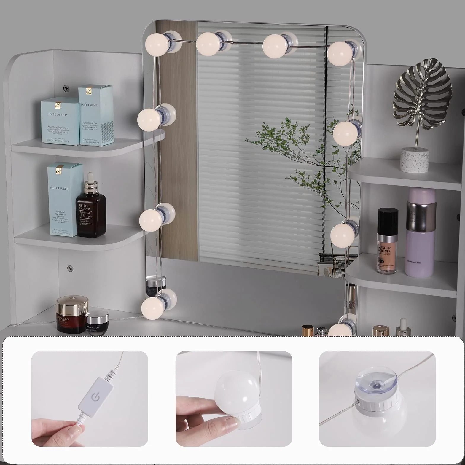 WOLTU Toaletka z lustrem, z oświetleniem LED, z 2 szufladami, nowoczesna toaletka do sypialni, z płyty melaminowej i metalu, biała i złota, 45 x 136 x 90 cm, MB6077ws