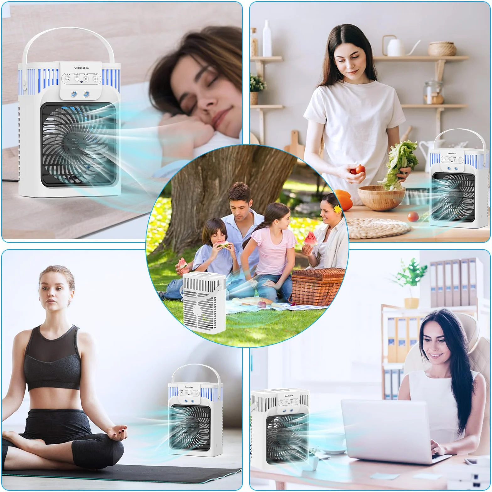 Przenośny klimatyzer 4 w 1, mini klimator, osobisty, mobilny, kompaktowy, ewaporacyjny, nawilżacz powietrza, 3 prędkości nawiewu, wentylator biurkowy, do akademika, biura, na zewnątrz
