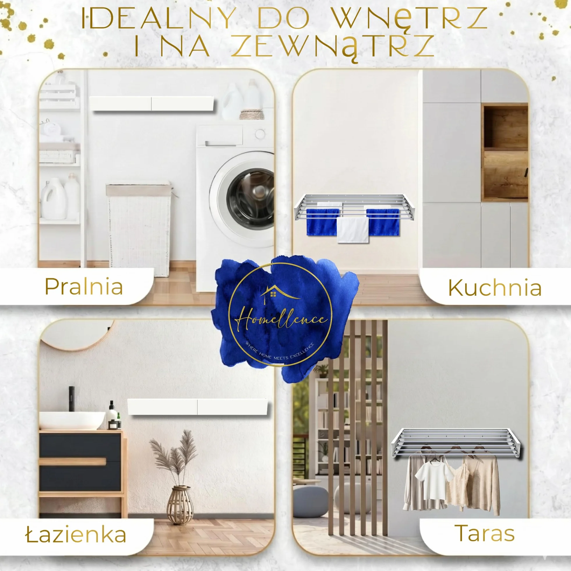 Homellence – Suszarka ścienna składana na pranie – Elegancka suszarka do prania montowana na ścianie – Składany ścienny stojak do suszenia prania (Biały, 120 cm)
