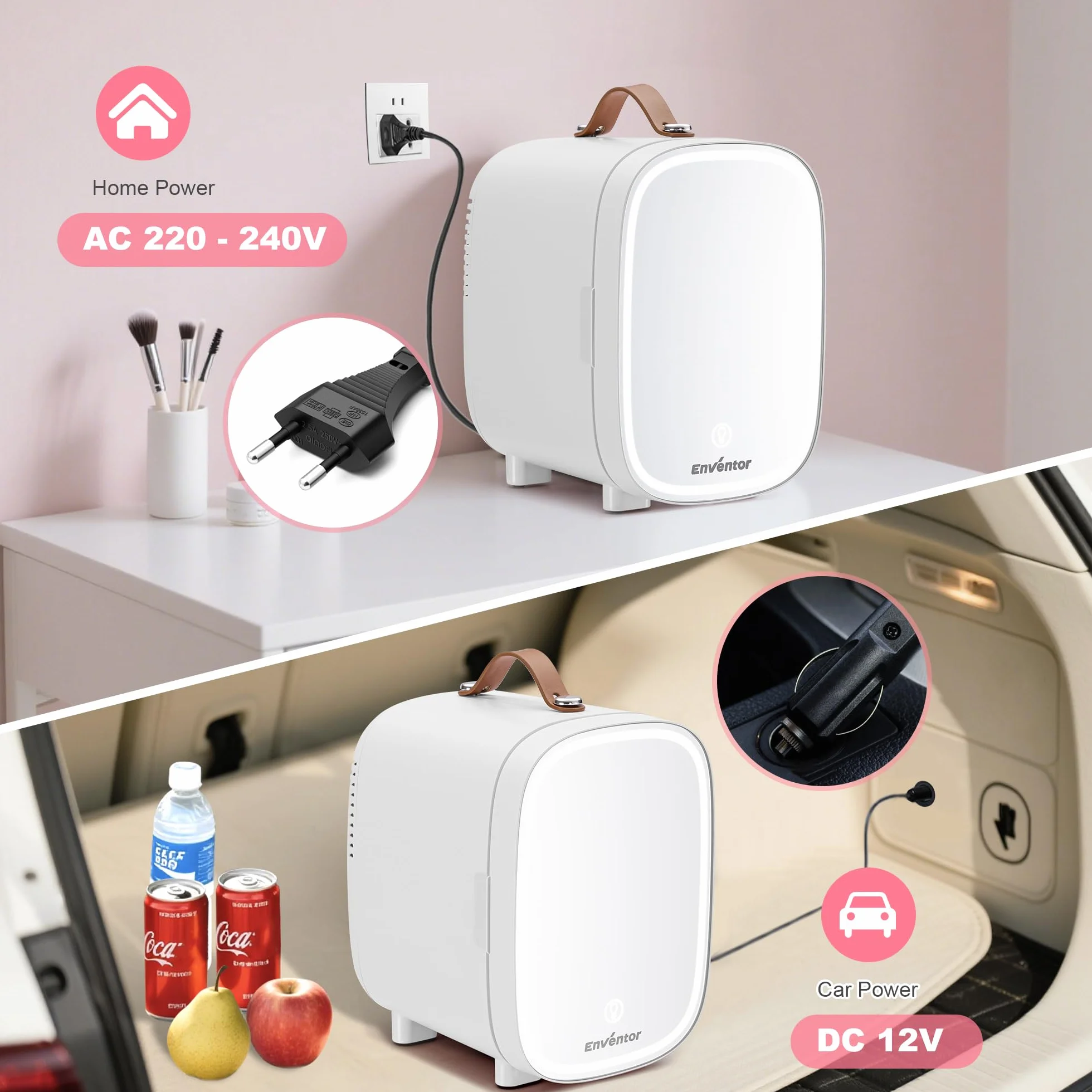 Enventor Mini Lodówka 4L, Lodówka na Kosmetyki z Lustrem z Regulowanym Oświetleniem LED, AC+12V DC, Chłodziarka i Podgrzewacz do Sypialni, Domu, Samochodu/Pielęgnacji Skóry i Jedzenia, Biała