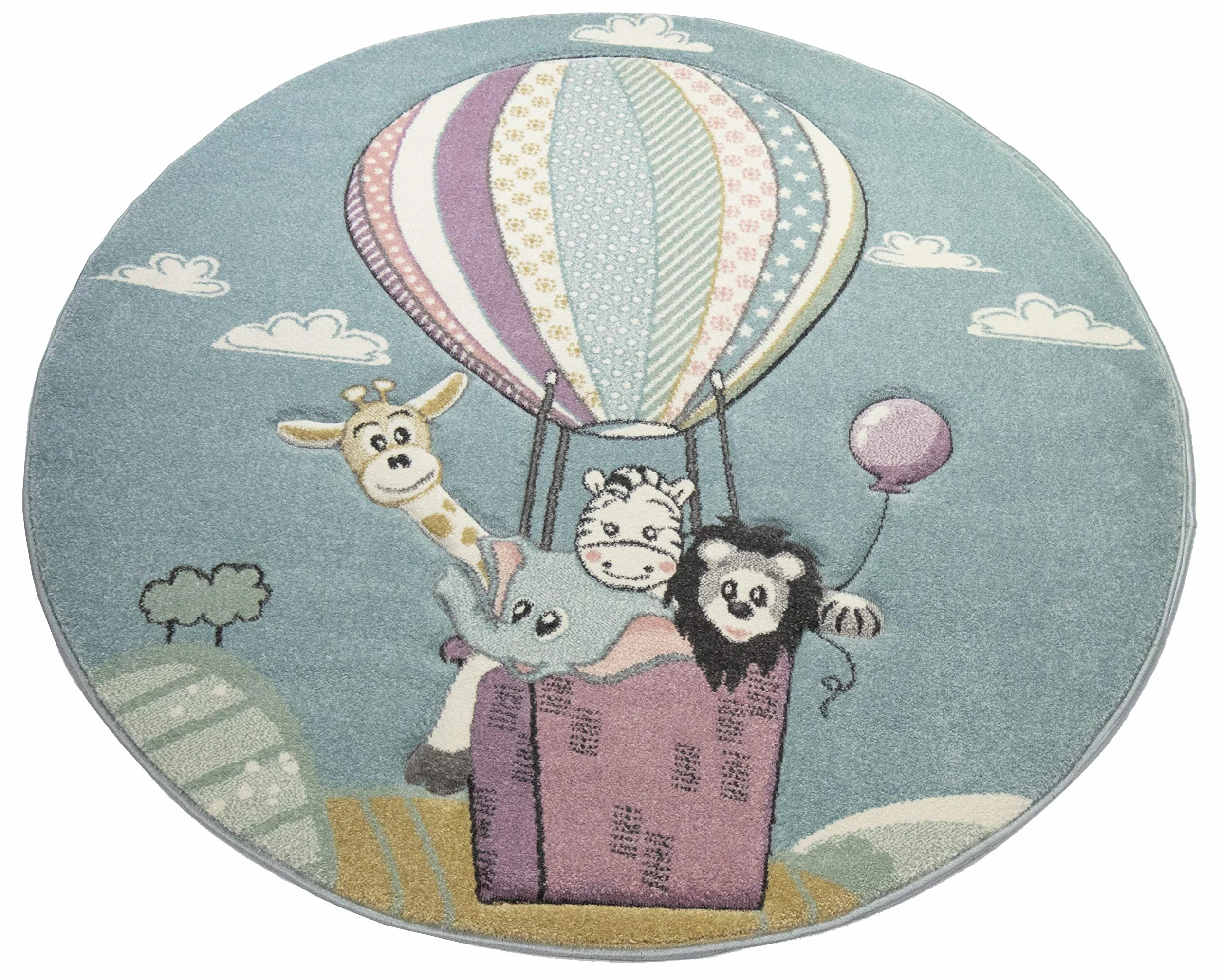 CARPETIA Dywan dziecięcy, dywan do zabawy, dywan dla niemowląt, chłopcy, balon na gorące powietrze, zwierzęta, niebieski, rozmiar 120 cm, okrągły