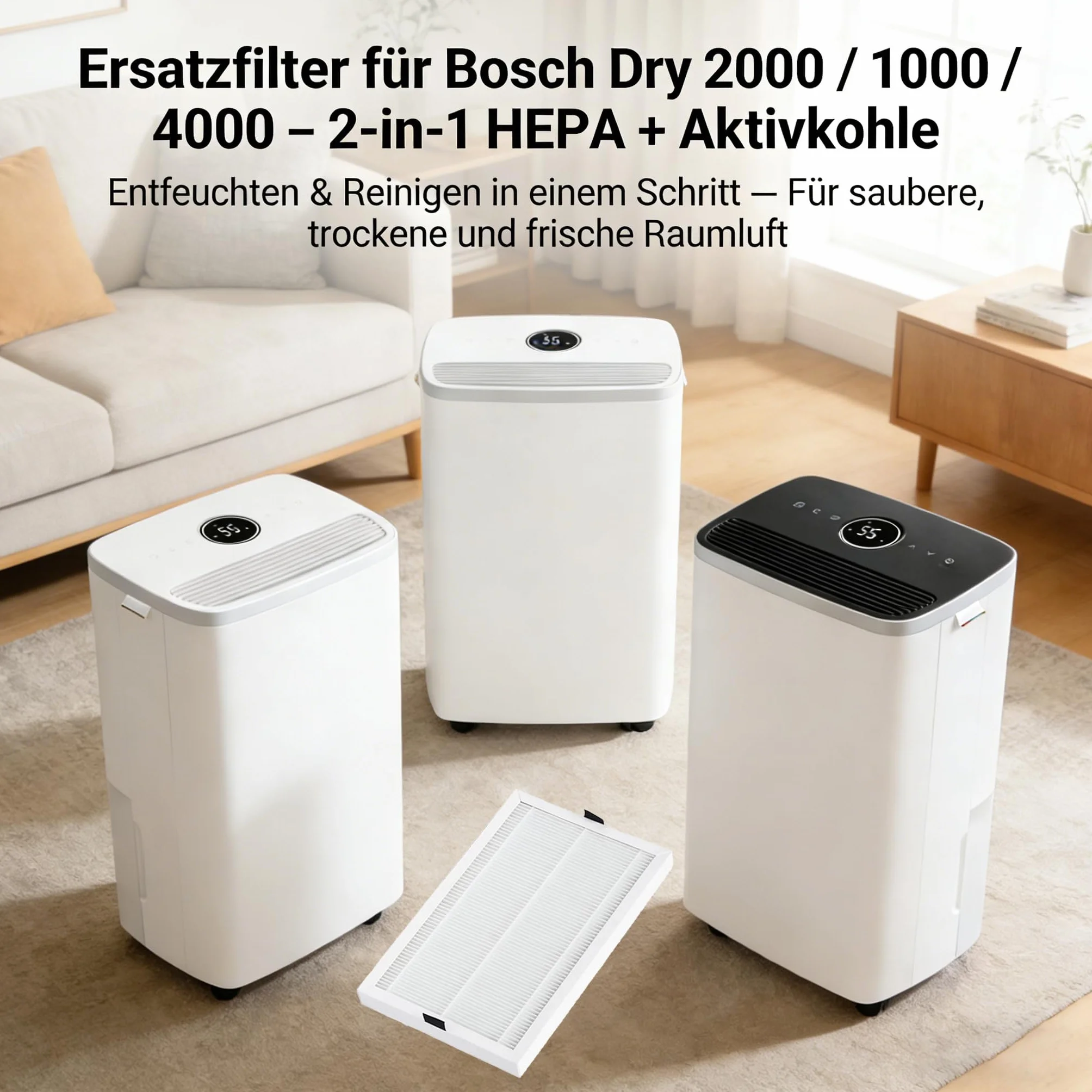 Filtr zamienny do osuszacza powietrza Bosch Dry Series 2000/1000/4000 z funkcją oczyszczania powietrza - 3 sztuki 2 w 1 HEPA + filtr z węglem aktywnym | trwałość 3-6 miesięcy
