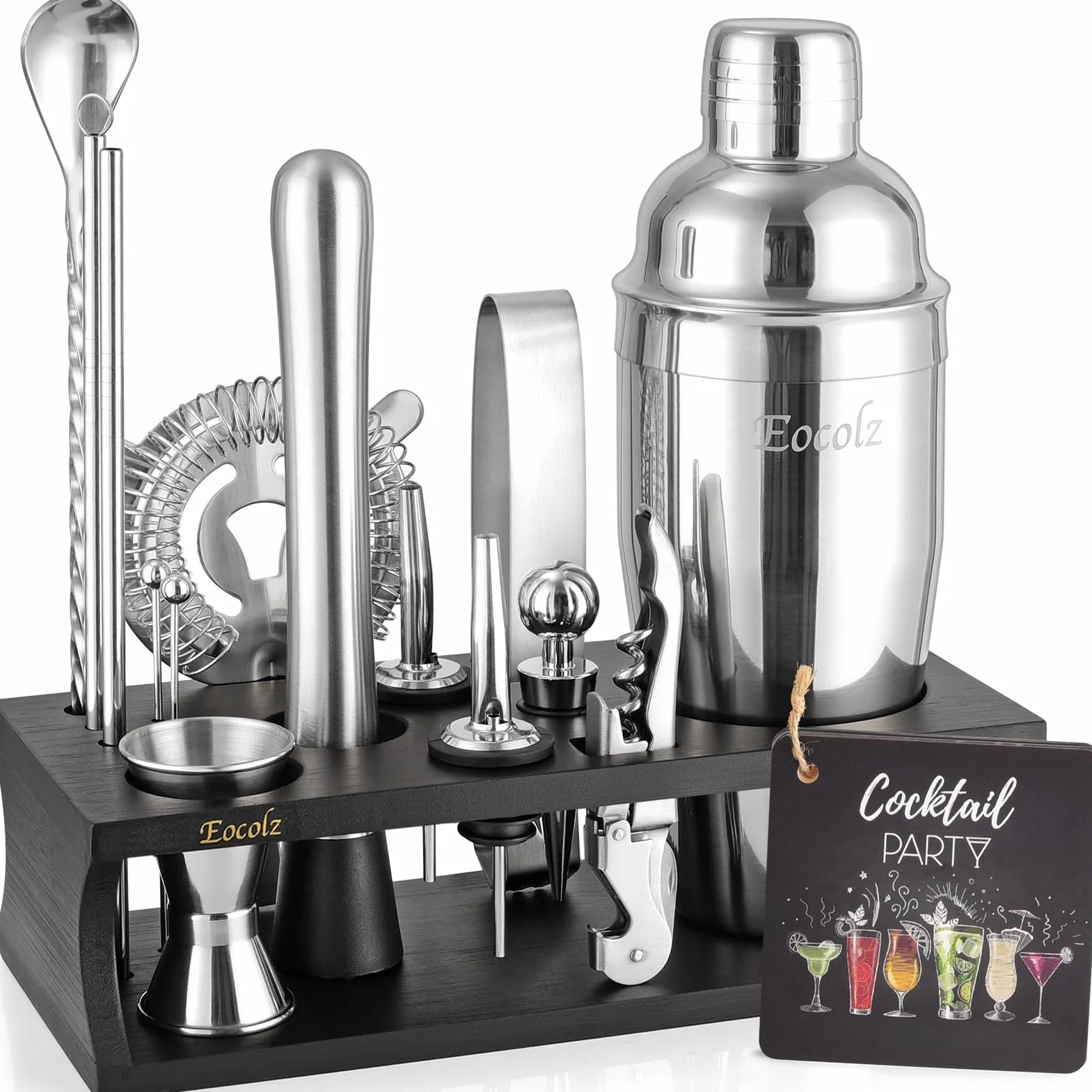 Zestaw shakerów koktajlowych zestaw barmański ze stojakiem zestaw narzędzi do mieszania napojów domowy zestaw barmański akcesoria do wózka barmańskiego: Martini Shaker Mixer Łyżka Jigger Muddler Sitko