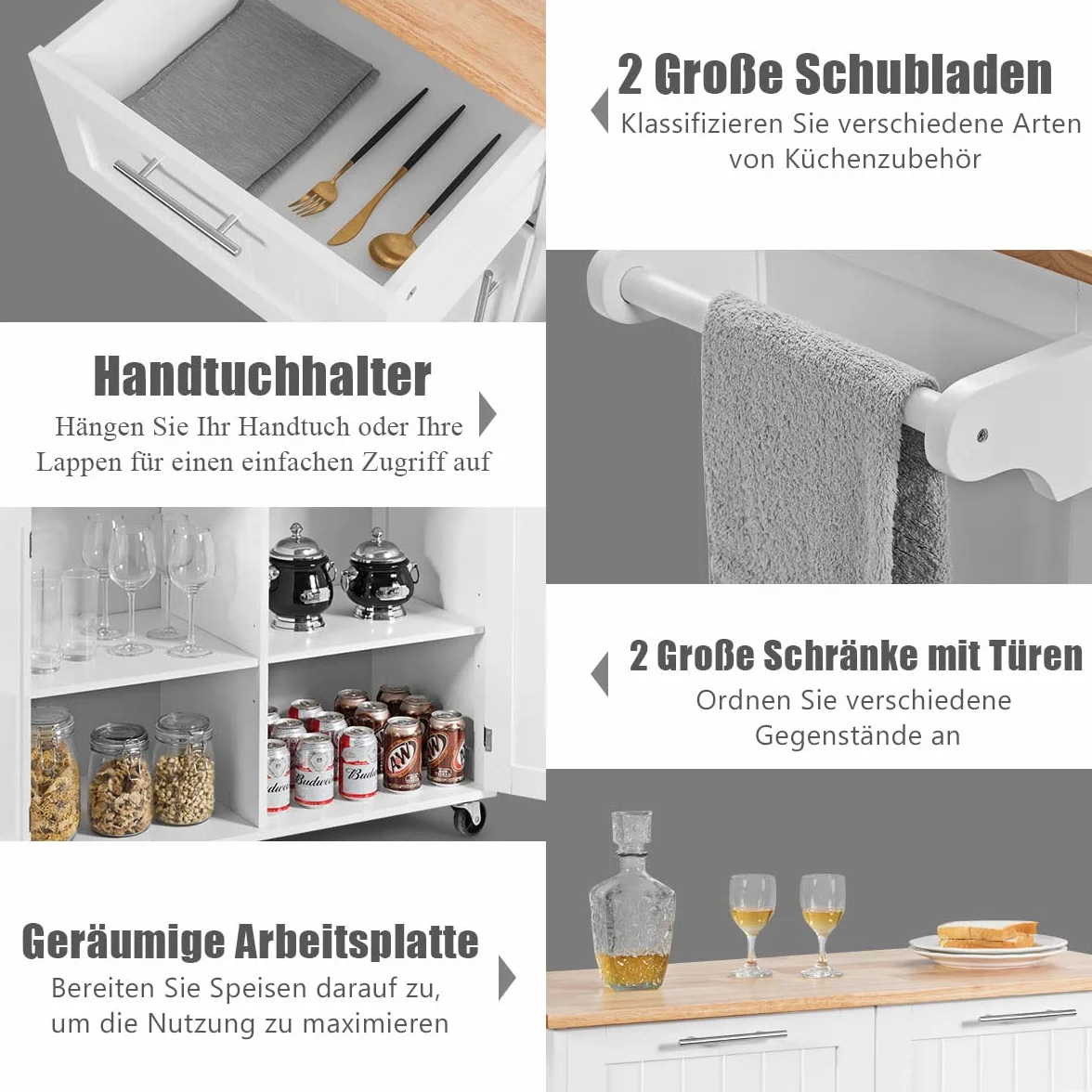 COSTWAY Wyspa kuchenna z blatem roboczym i uchwytem na ręczniki, wózek kuchenny z 2 szufladami i drzwiami, drewniany wózek do serwowania na kółkach, 94 x 45,5 x 94,5 cm, biały