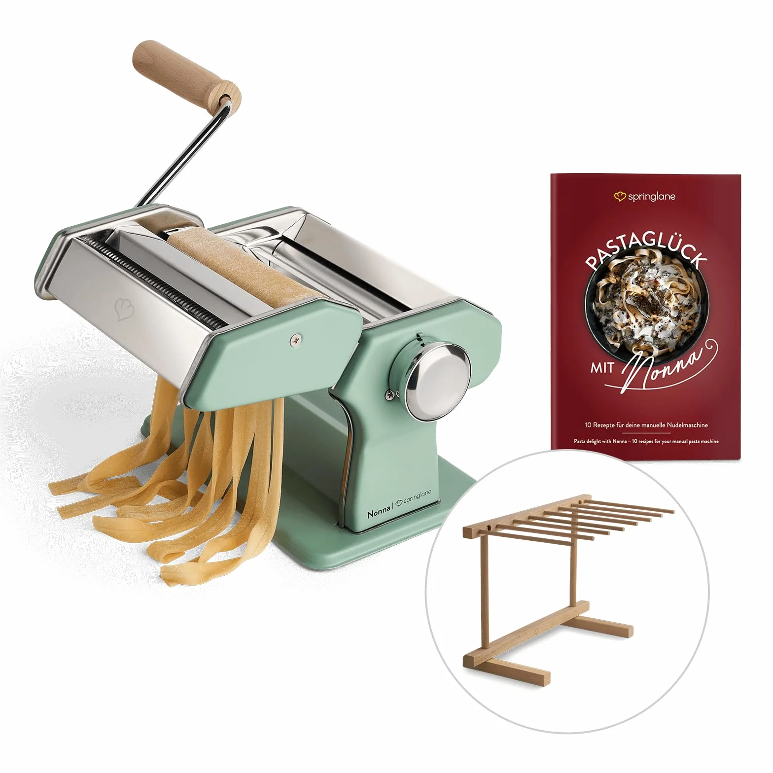 SPRINGLANE Ręczna maszynka do makaronu Nonna, stal nierdzewna, maszynka do makaronu w zestawie zeszyt z przepisami, suszarka do makaronu i 3 nasadki do krojenia spaghetti, lasagne, tagliatelle -