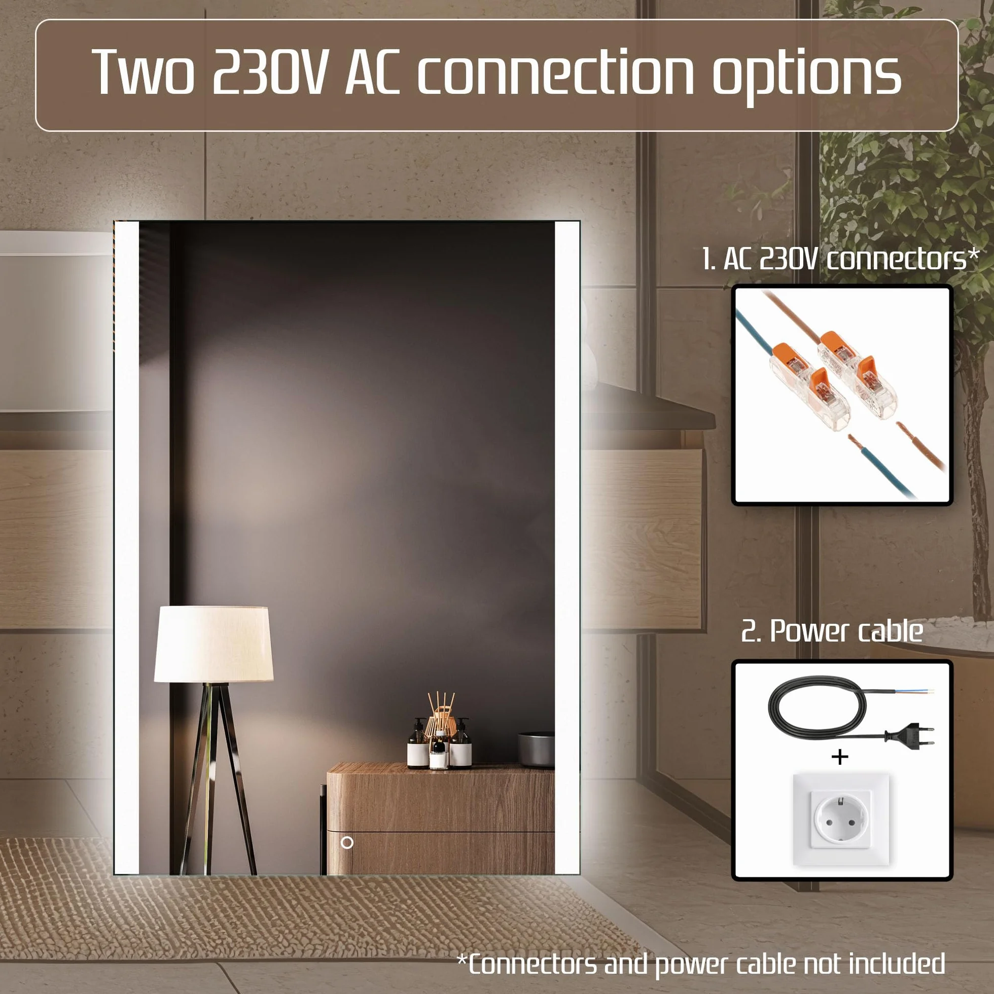 Venti Prostokątne Lustro Łazienkowe LED 50x70cm, Lustro ścienne z oświetleniem LED, Naturalne Białe Światło, Podświetlane Krawędzie Boczne