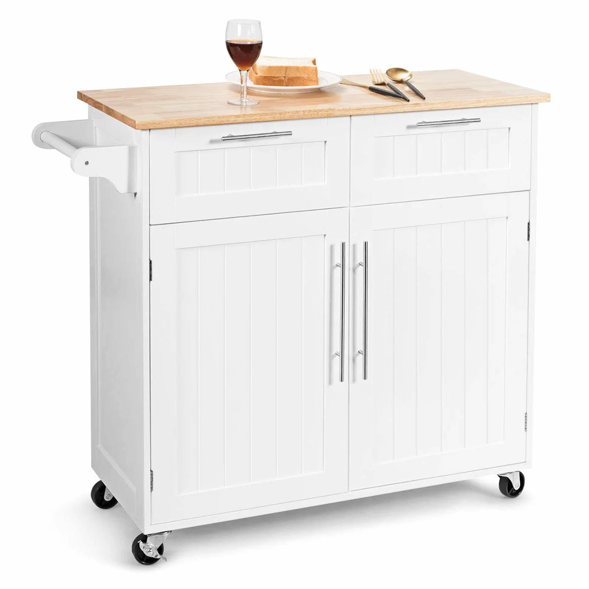 COSTWAY Wyspa kuchenna z blatem roboczym i uchwytem na ręczniki, wózek kuchenny z 2 szufladami i drzwiami, drewniany wózek do serwowania na kółkach, 94 x 45,5 x 94,5 cm, biały