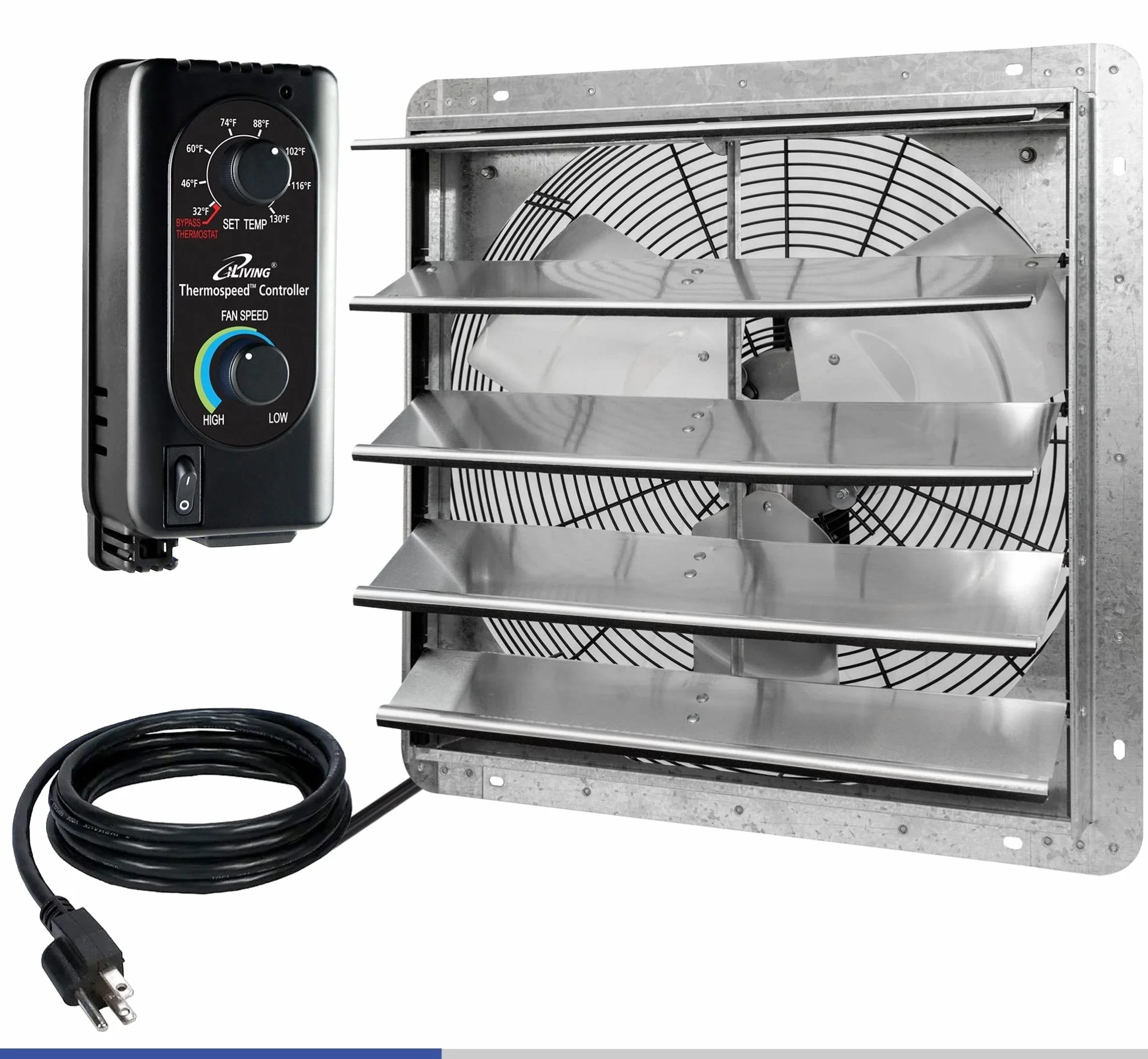 Letcmoi iLIVING - Wentylator ewakuacyjny 20 pulgadas montado en la pared, automatyczna obturador, con termostato y driver de velocidad variable, 2,2 A, 3368 CFM, obszar cobertura 5000 m², plata