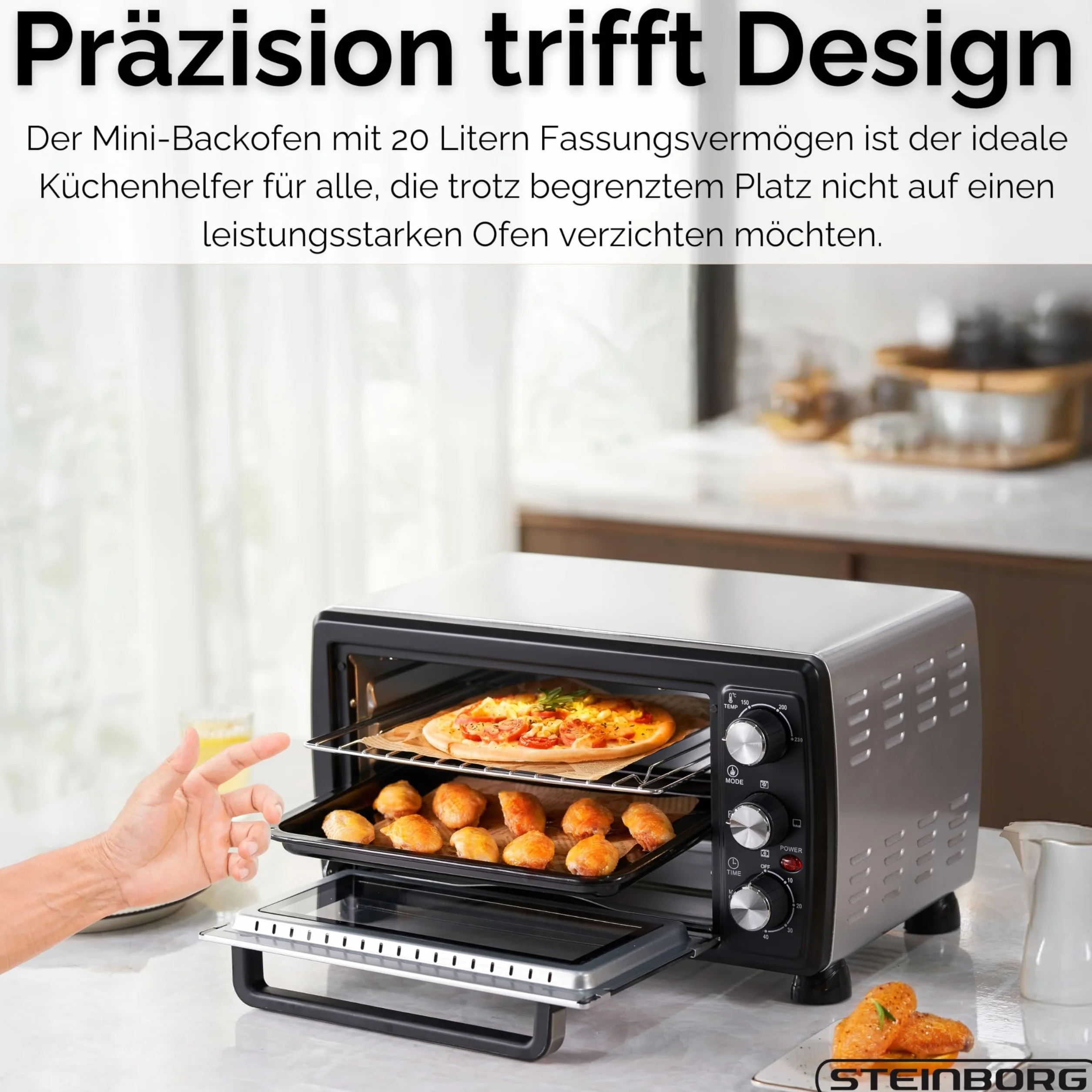 Steinborg Mini piekarnik konwekcyjny, 20 l, piec do pizzy, konwekcja, grzanie górne i dolne, 1400 W, mini piekarnik z timerem, mały piec kempingowy lub
