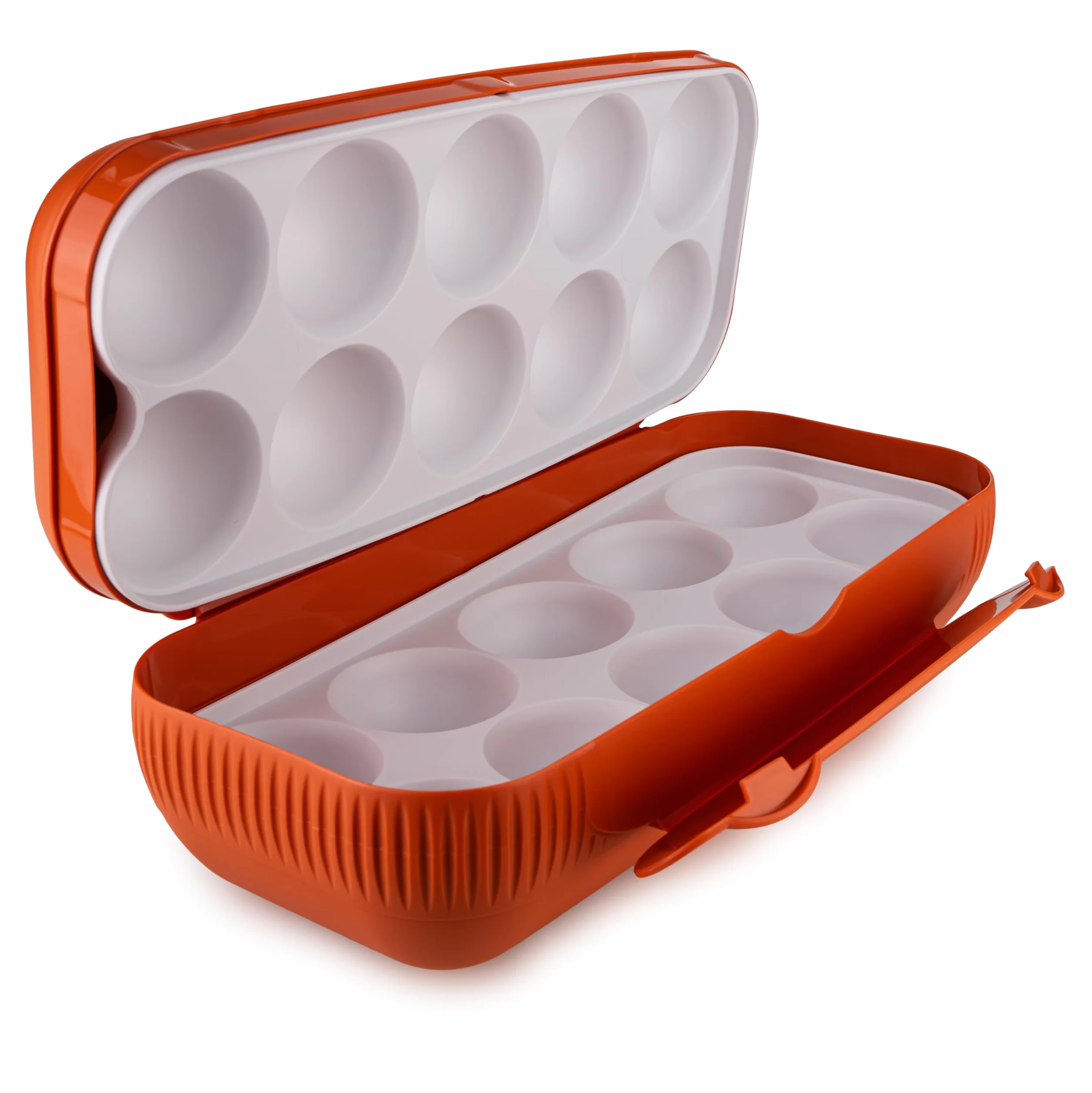 Tupperware Kolumbus pudełko na jajka czerwone ceglane na 10 jajek (w zestawie łyżka do jajek niebieska)