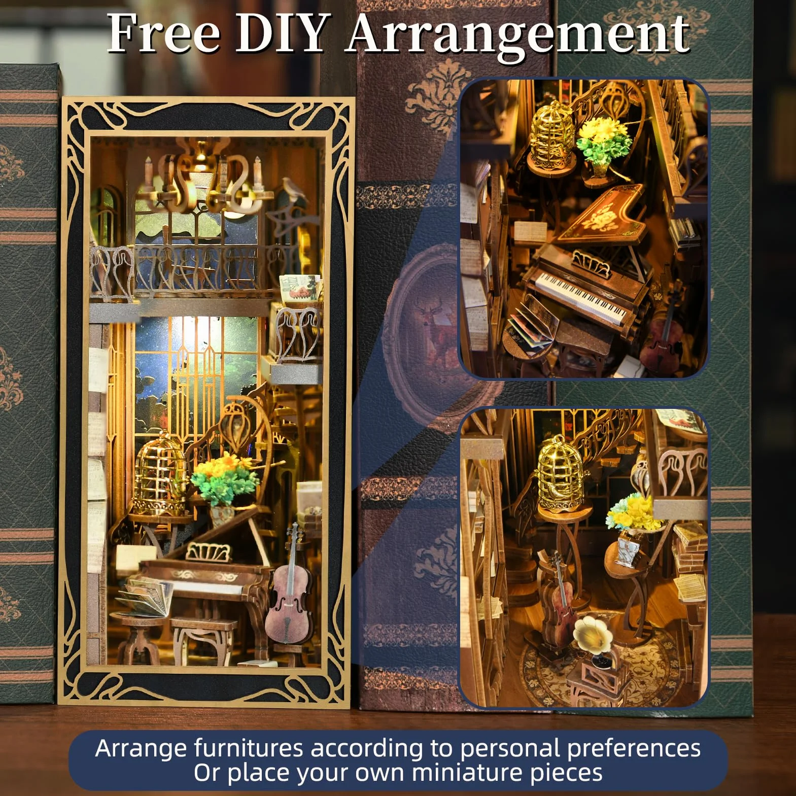 MiniCity DIY Book Nook Kit, Miniaturowy Domek dla Lalek Booknook Kit, Drewniane Puzzle 3D Podpórka do Książek Wkładka do Regału Dekoracja dla Młodzieży i Dorosłych (Pianista z Nightingale)