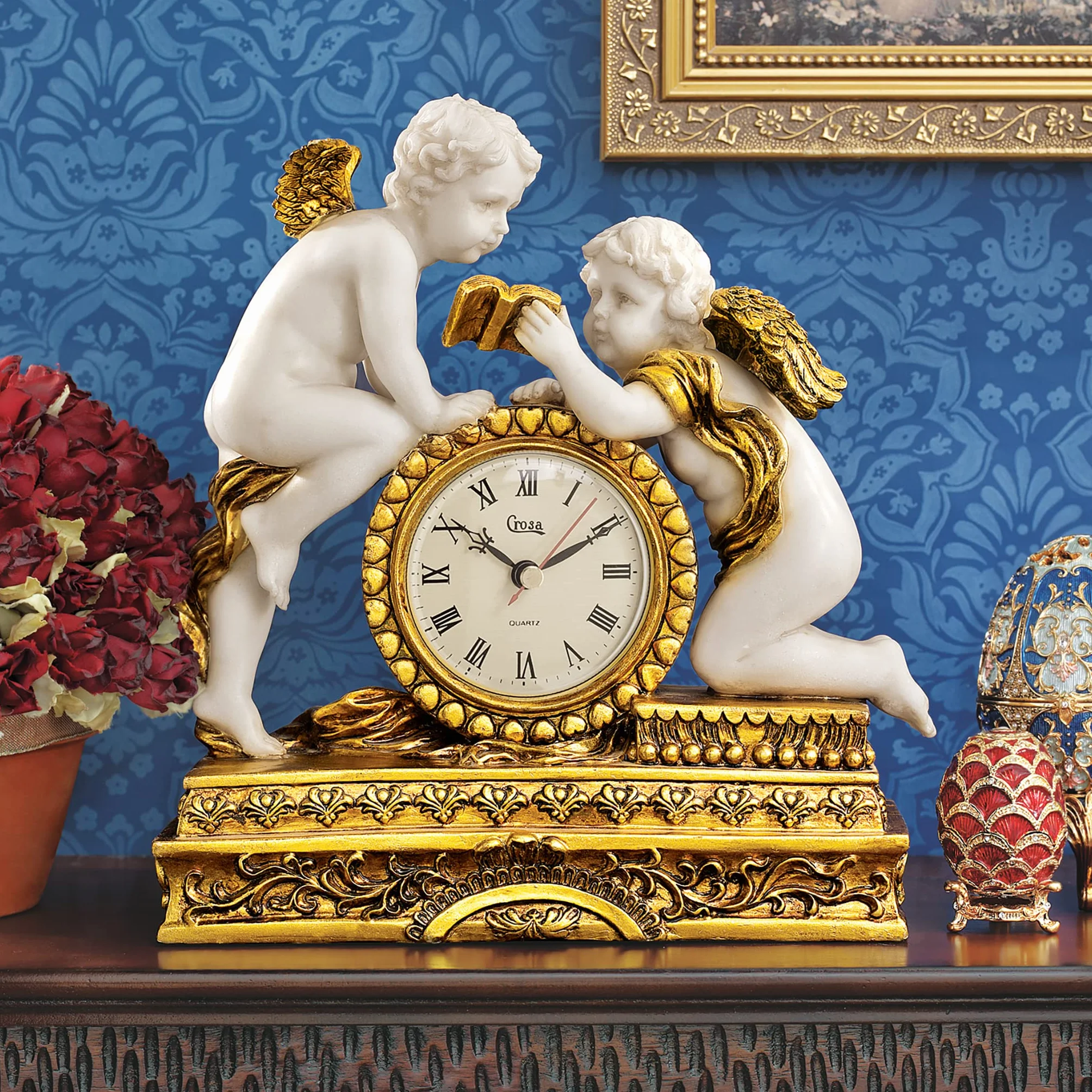 Design Toscano KY72570 Chateau Carbonne Cherub zegar kominkowy, 26,5 cm, żywica poliestrowa, złoto i kość słoniowa