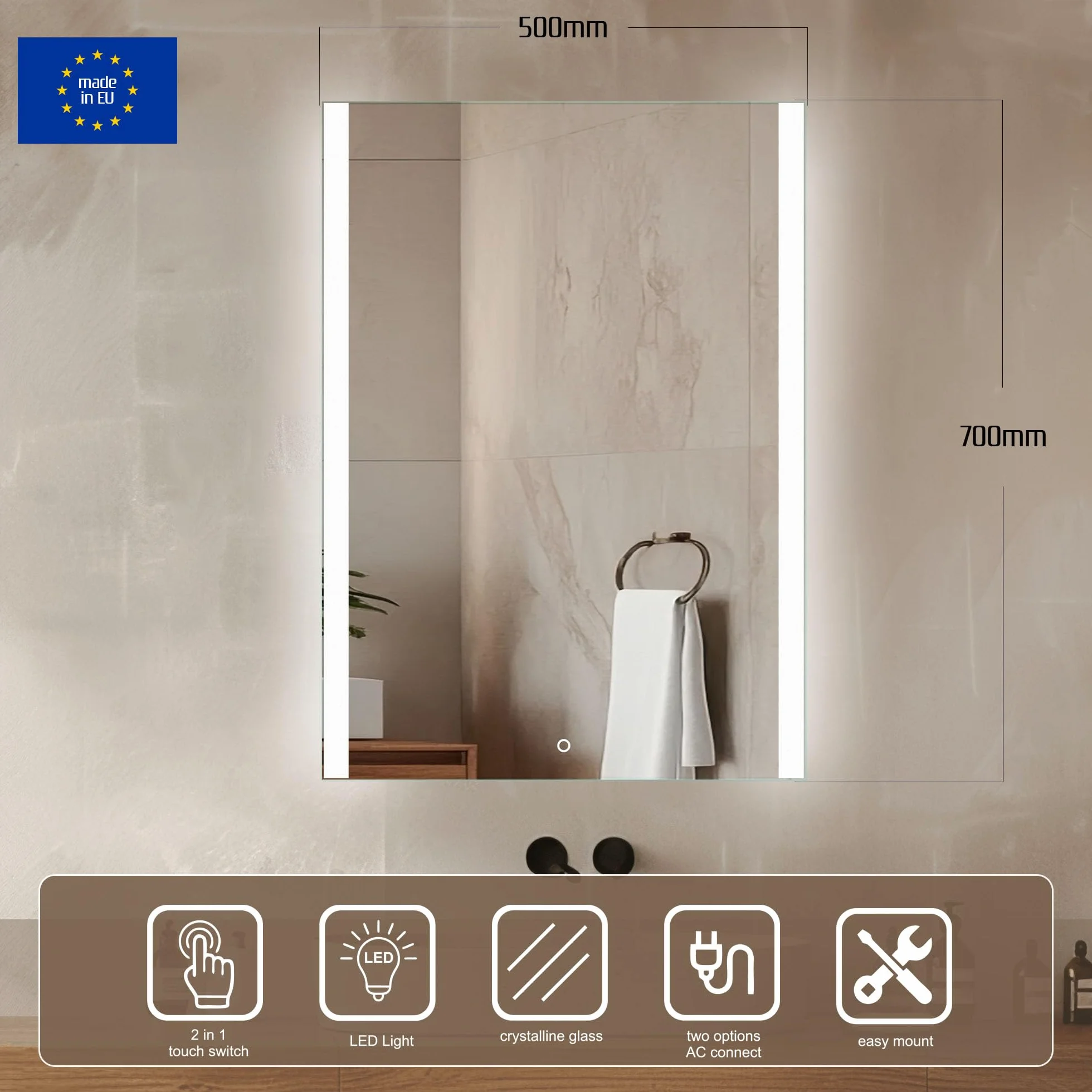Venti Prostokątne Lustro Łazienkowe LED 50x70cm, Lustro ścienne z oświetleniem LED, Naturalne Białe Światło, Podświetlane Krawędzie Boczne