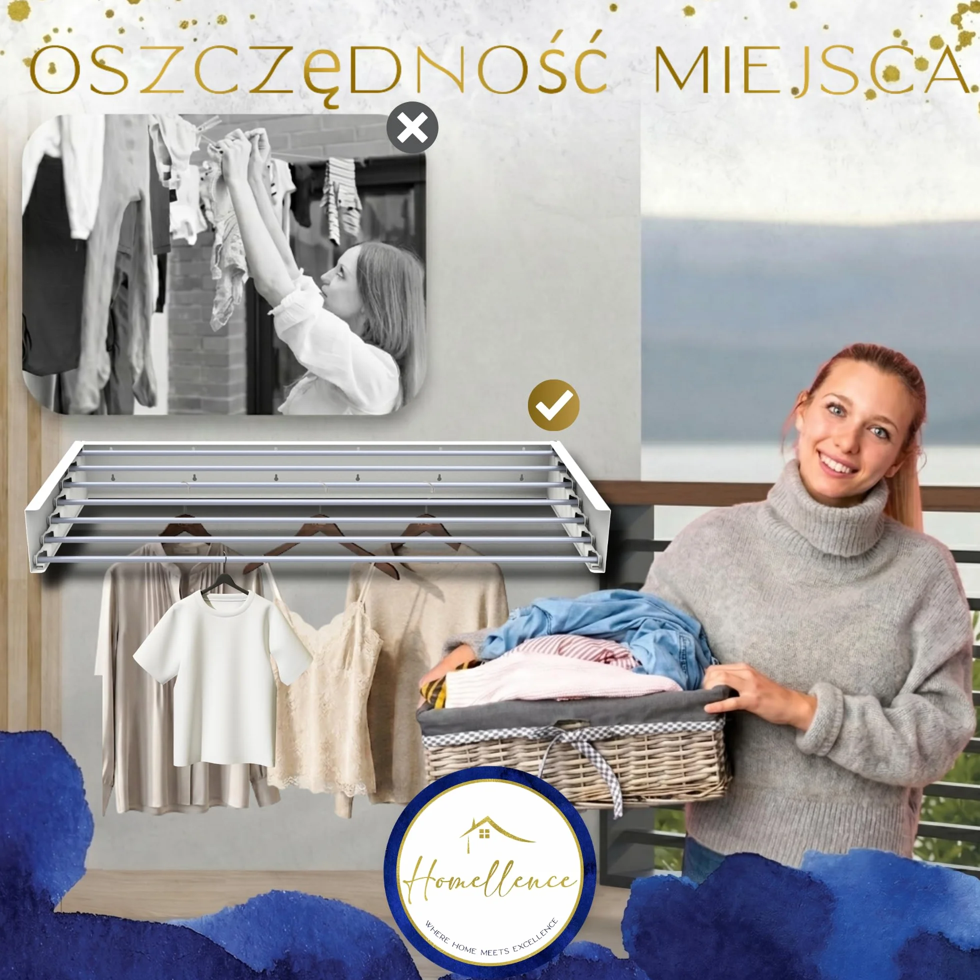 Homellence – Suszarka ścienna składana na pranie – Elegancka suszarka do prania montowana na ścianie – Składany ścienny stojak do suszenia prania (Biały, 120 cm)