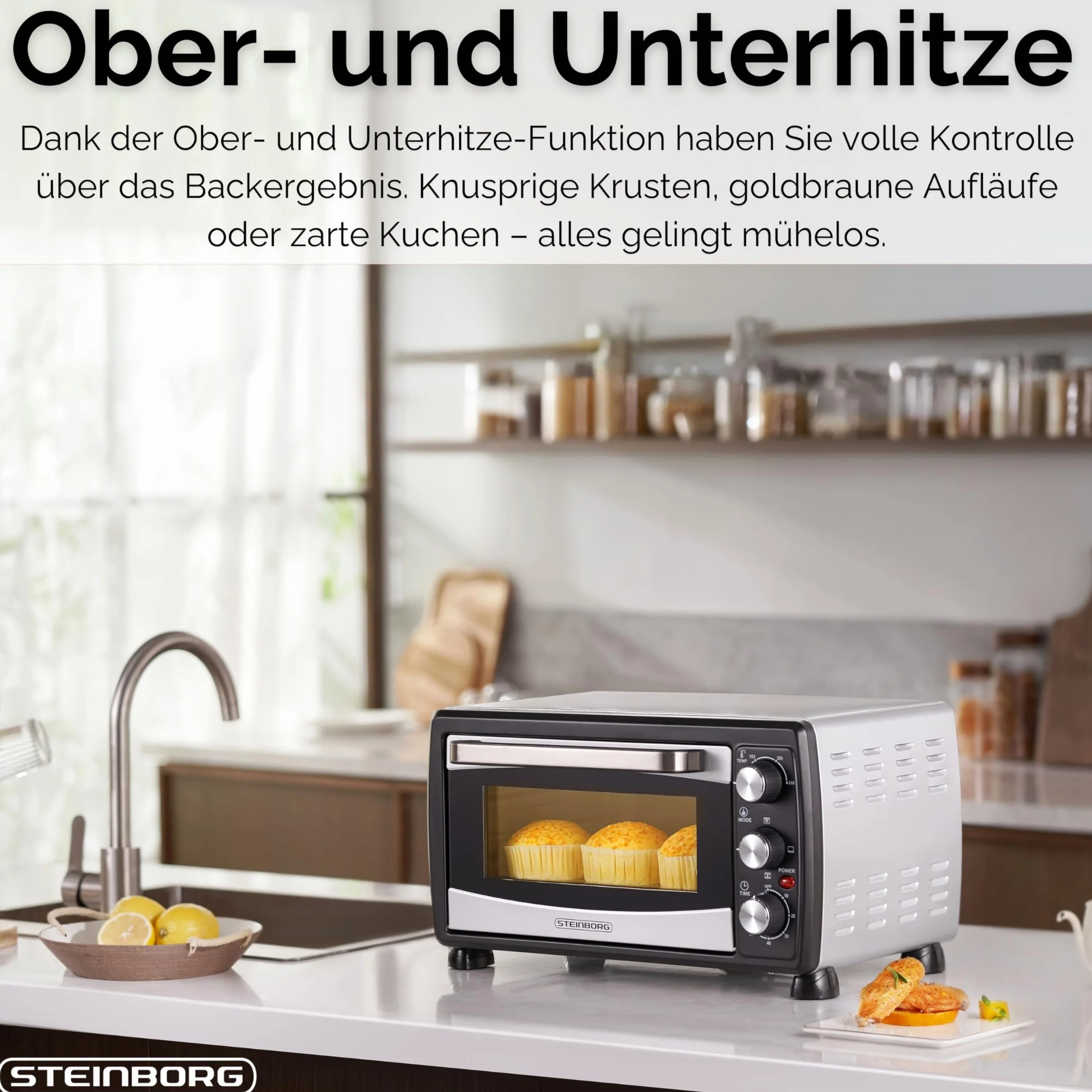 Steinborg Mini piekarnik konwekcyjny, 20 l, piec do pizzy, konwekcja, grzanie górne i dolne, 1400 W, mini piekarnik z timerem, mały piec kempingowy lub