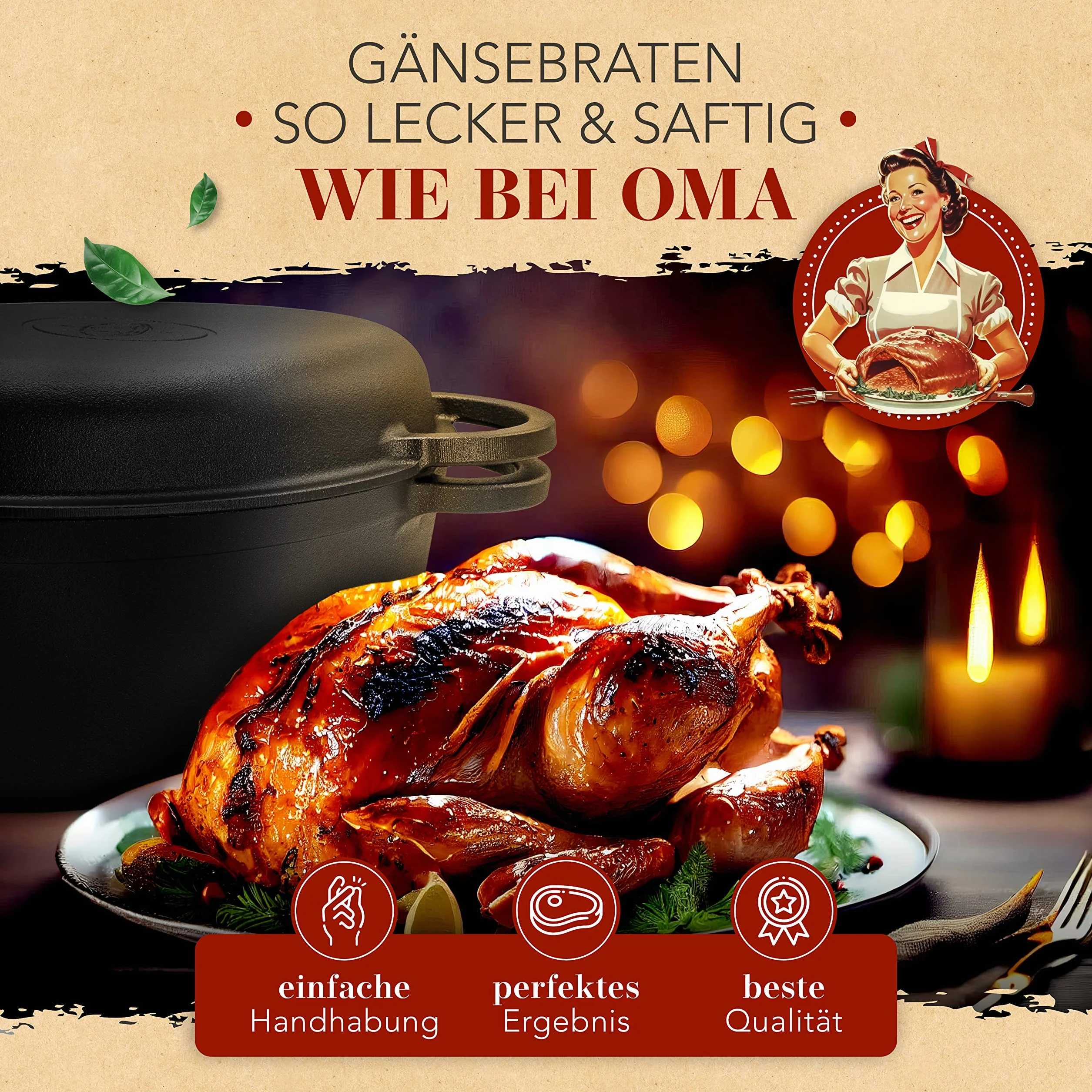 KRUSTENZAUBER Żeliwna brytfanna z pokrywką, 38 cm, nadaje się do piekarnika, w zestawie nożyczki do drobiu, 9 kg, idealny garnek XXL, garnek do duszenia i smażenia, indukcja, patelnia żeliwna