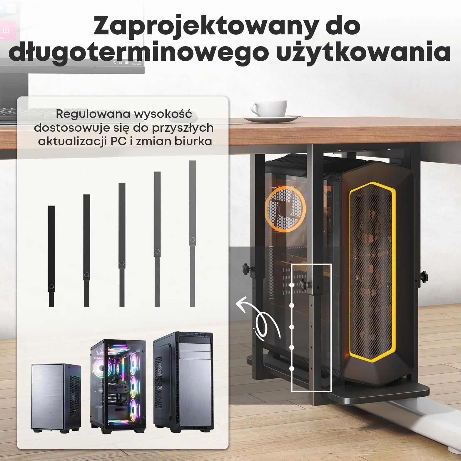 Solidny uchwyt PC pod biurko, regulowana wysokość – Uchwyt na obudowę PC, oszczędność miejsca, maksymalna waga 30 kg, Czarny