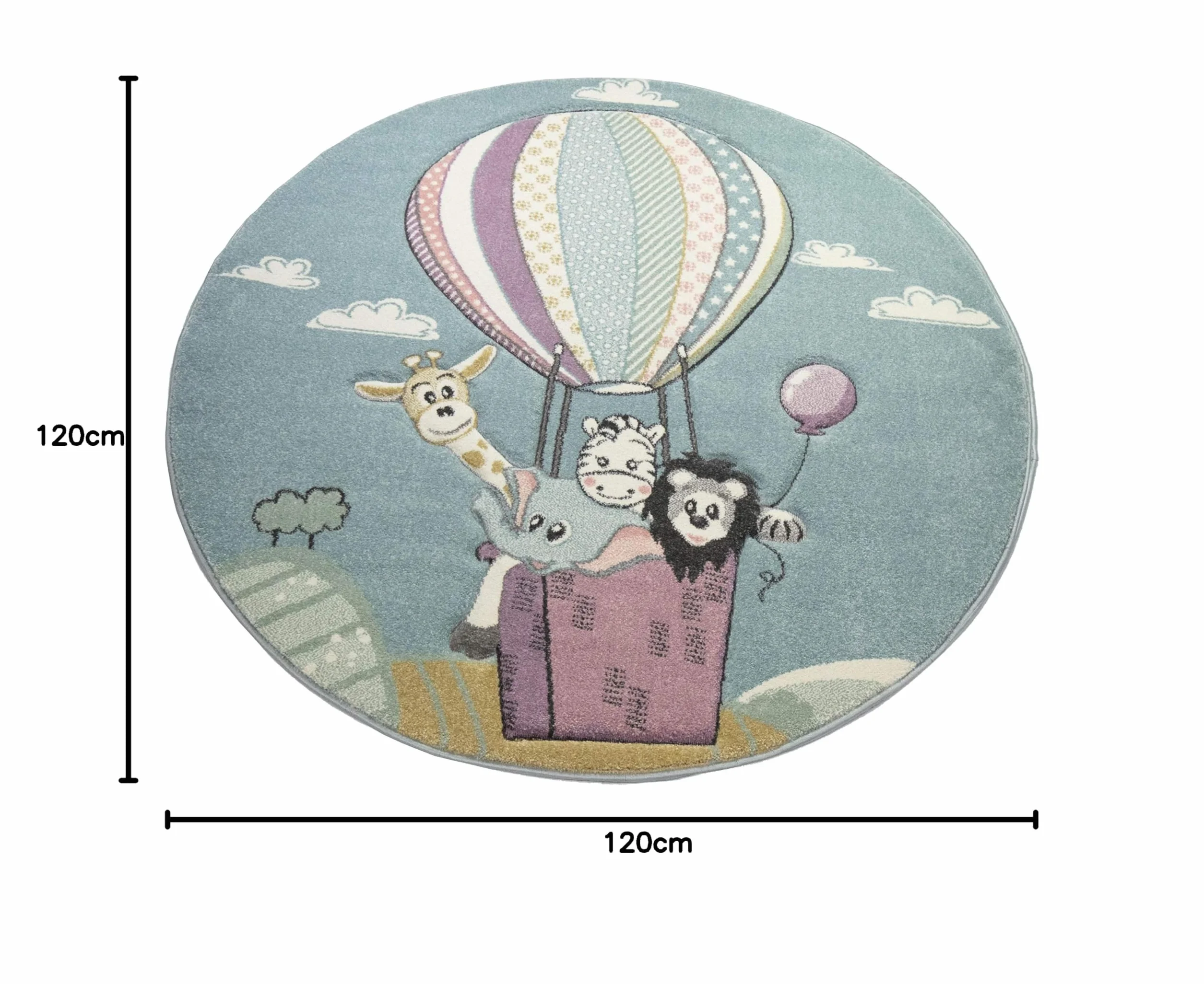 CARPETIA Dywan dziecięcy, dywan do zabawy, dywan dla niemowląt, chłopcy, balon na gorące powietrze, zwierzęta, niebieski, rozmiar 120 cm, okrągły